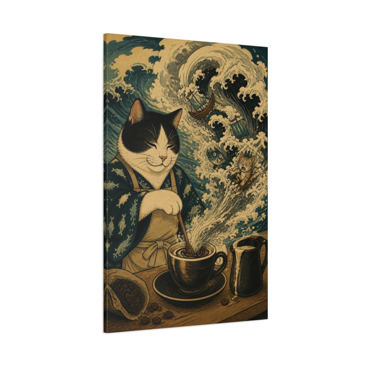 Side Mockup 1. Funny Coffee Cat Storm shown as canvas print