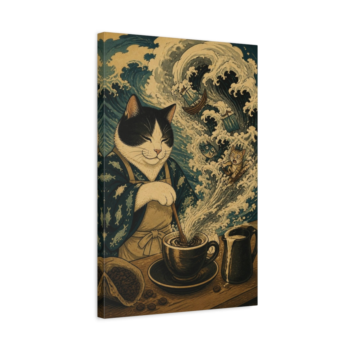 Side Mockup 3. Funny Coffee Cat Storm shown as canvas print