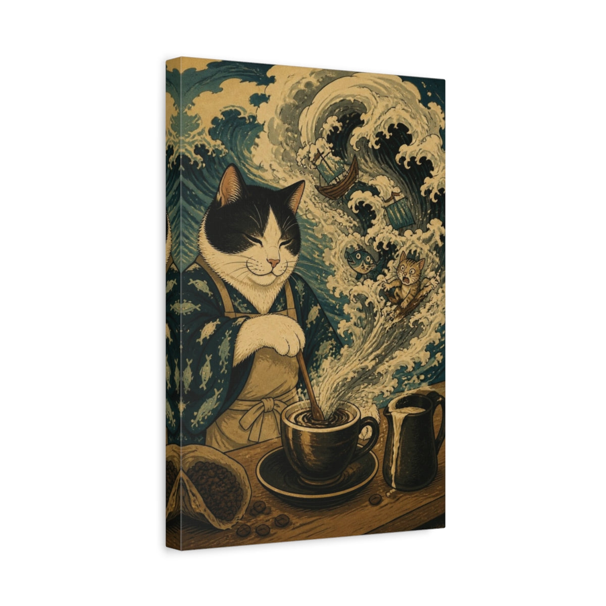 Side Mockup 4. Funny Coffee Cat Storm shown as canvas print