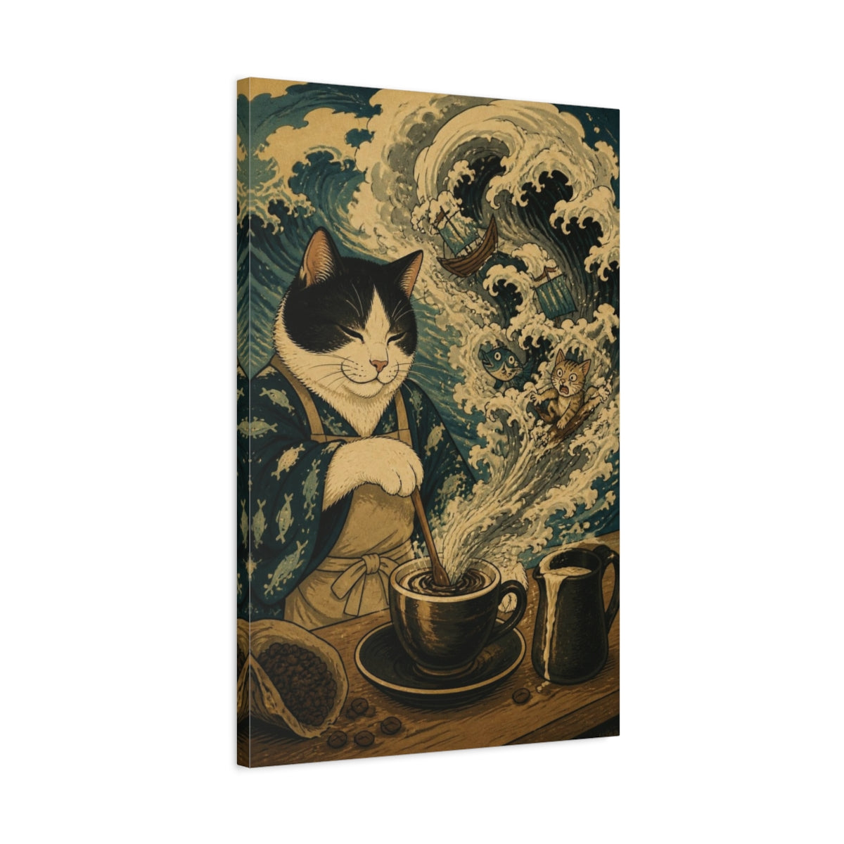 Side Mockup 2. Funny Coffee Cat Storm shown as canvas print