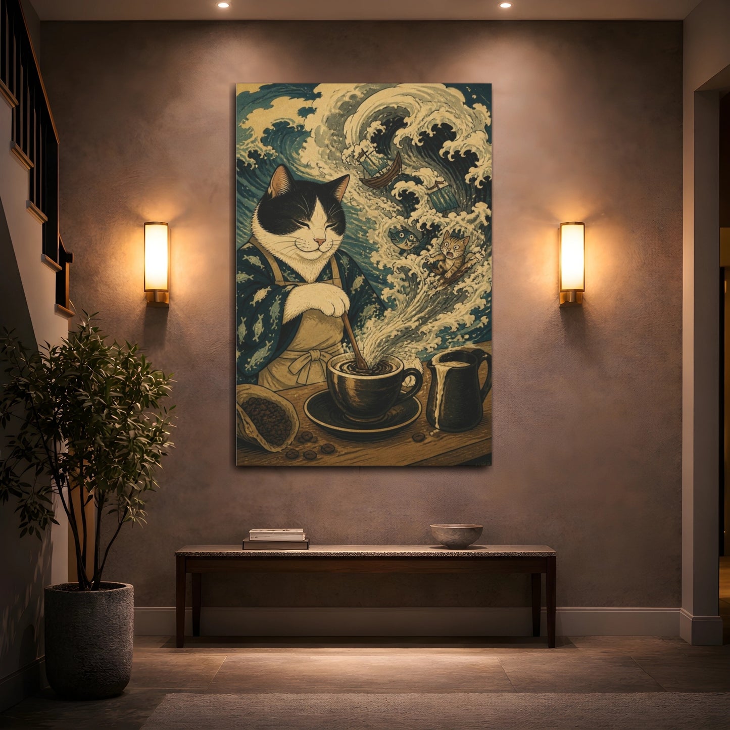 Mockup 2. Funny Coffee Cat Storm shown as canvas print