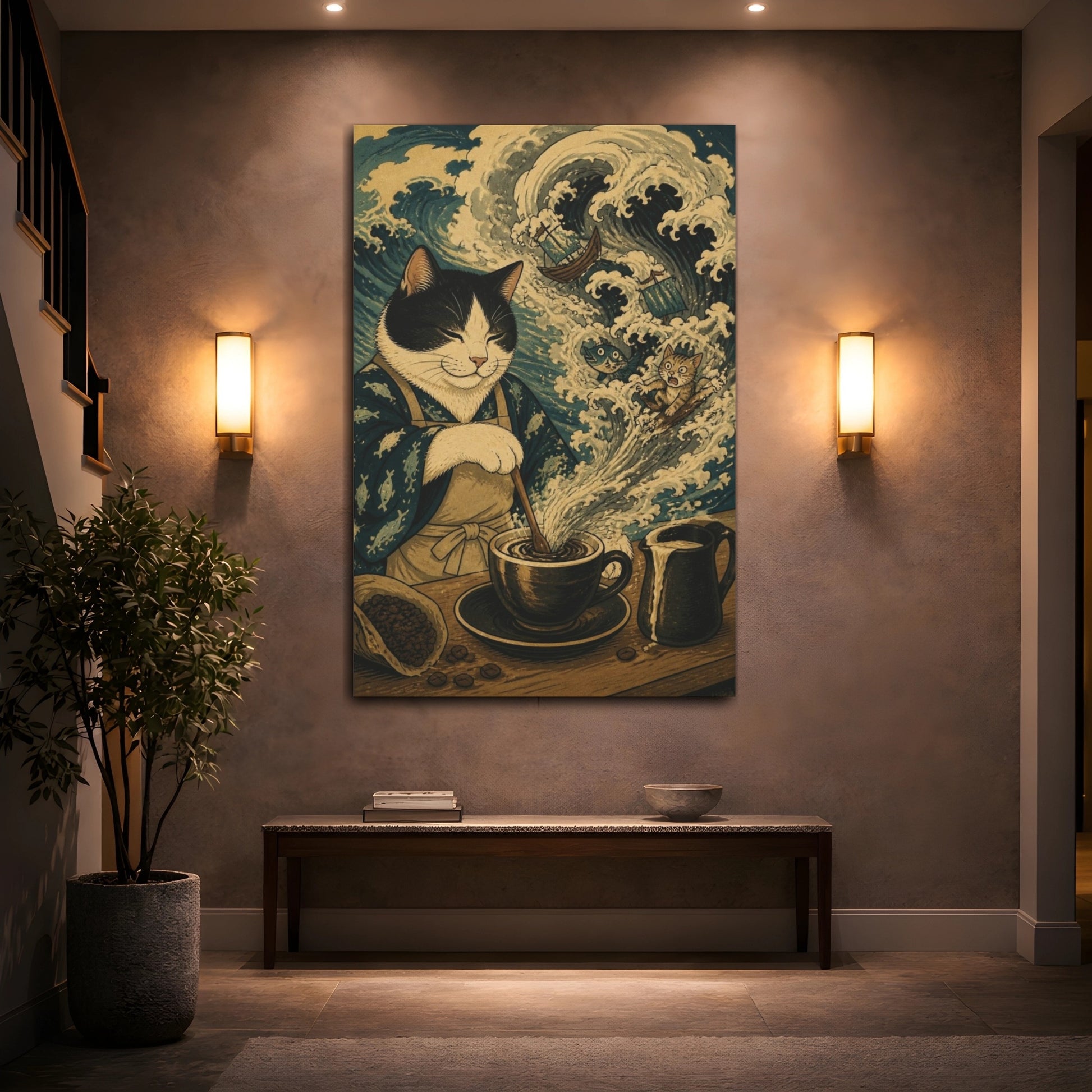 Mockup 2. Funny Coffee Cat Storm shown as canvas print