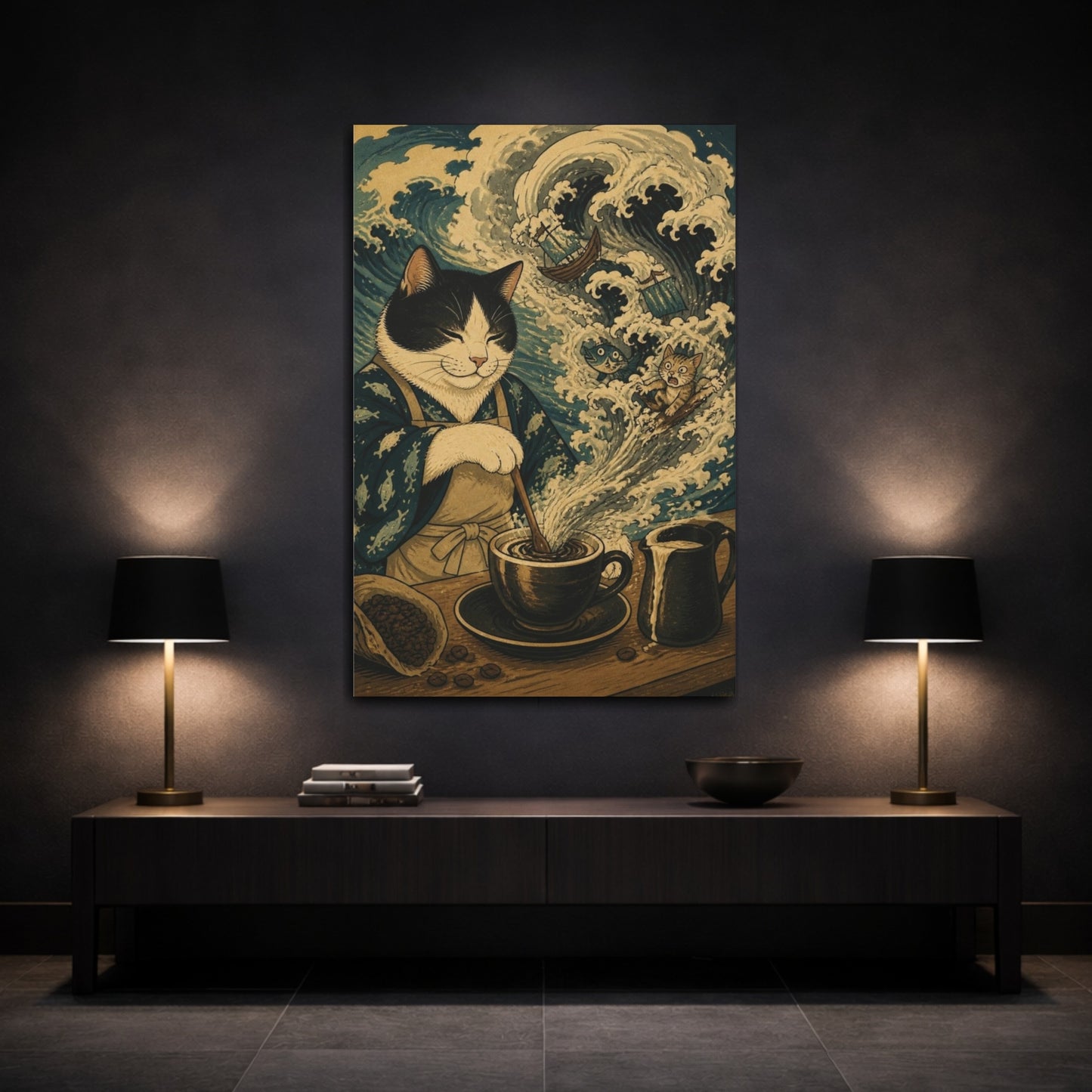 Mockup 3. Funny Coffee Cat Storm shown as canvas print