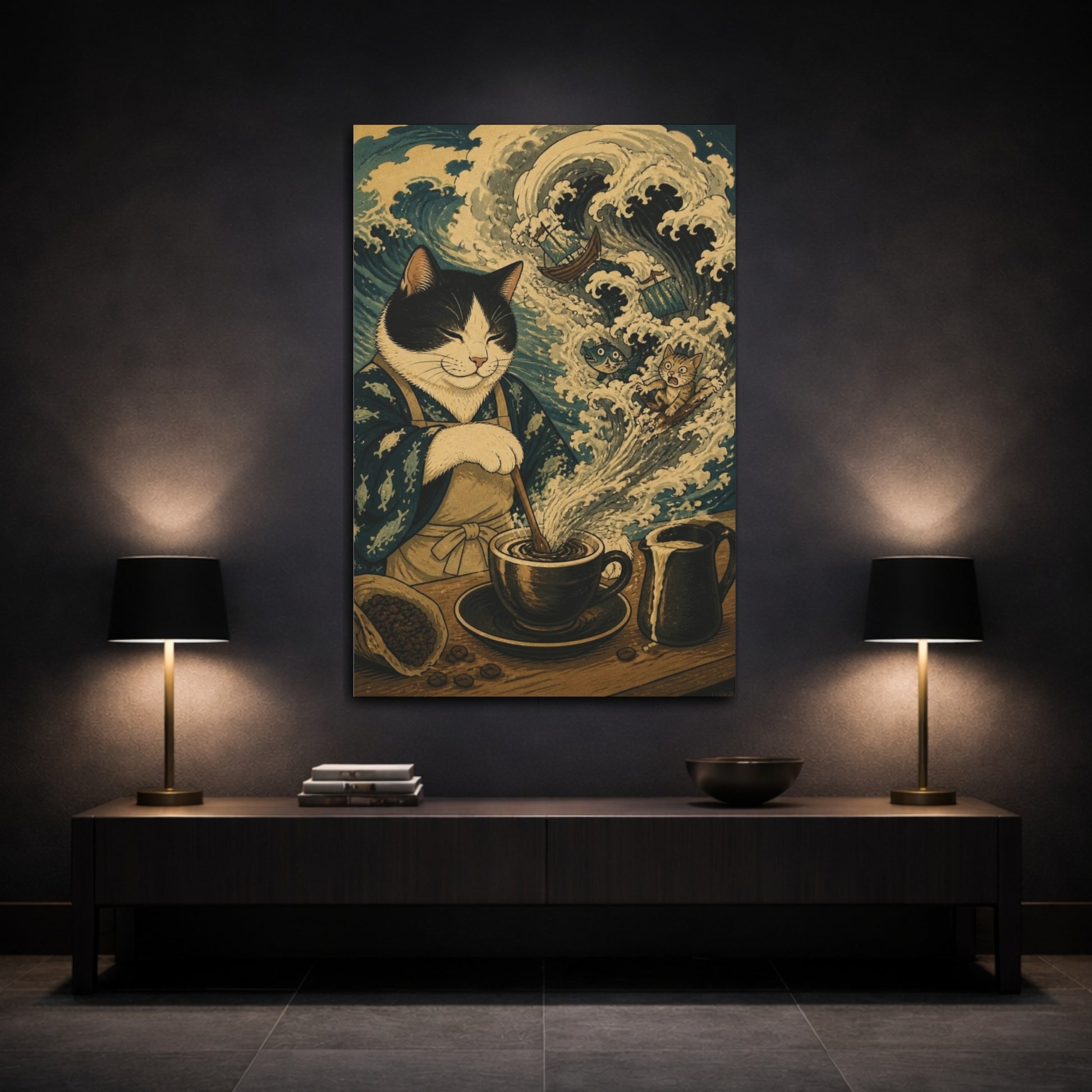 Mockup 3. Funny Coffee Cat Storm shown as canvas print