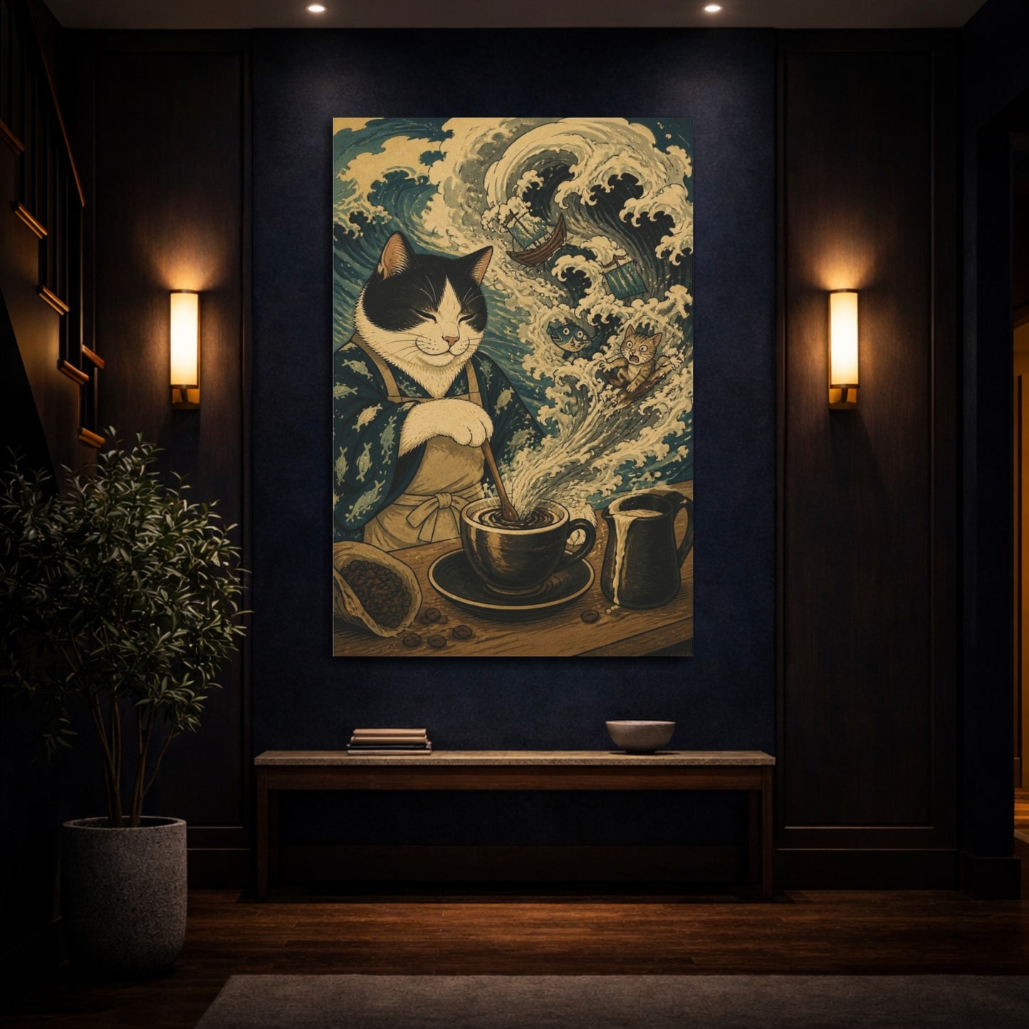 Mockup 4. Funny Coffee Cat Storm shown as canvas print
