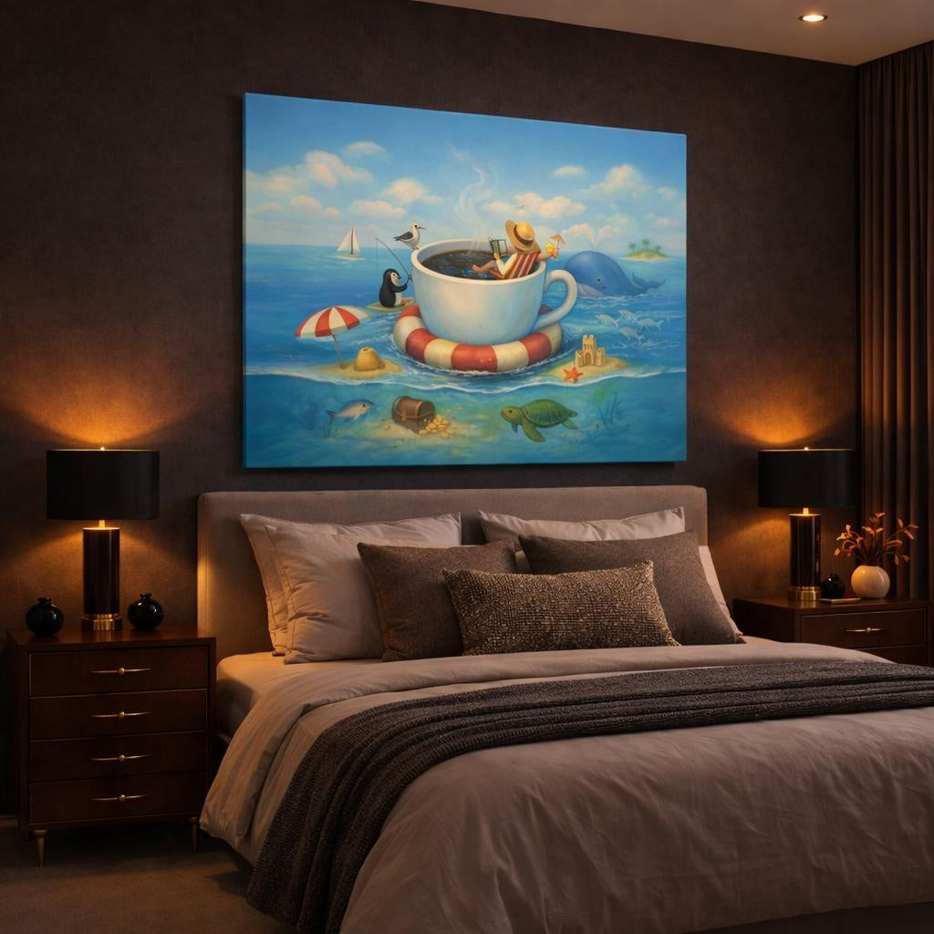 Funny Coffee Cup Ocean Coffee Relaxation shown as canvas wall art in a luxury bedroom