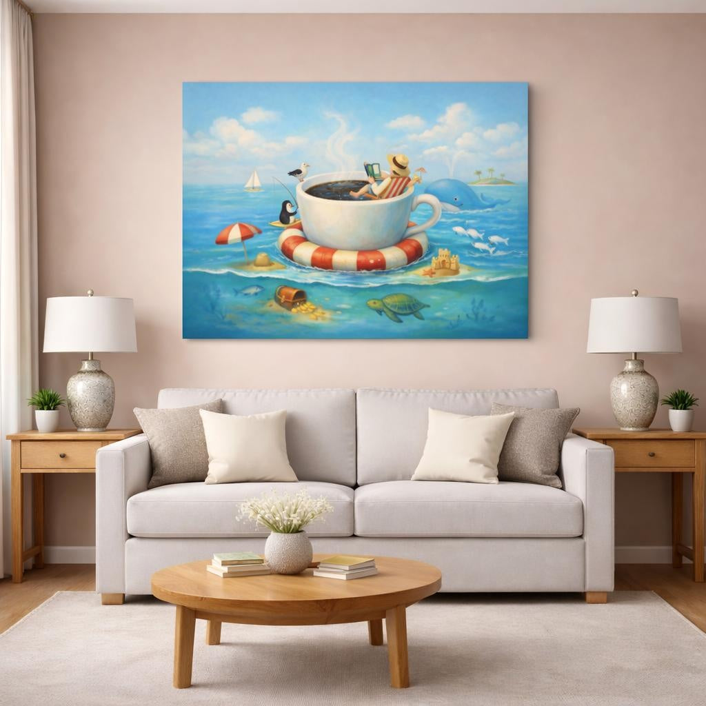 Funny Coffee Cup Ocean Coffee Relaxation shown as canvas wall art in a modern living room