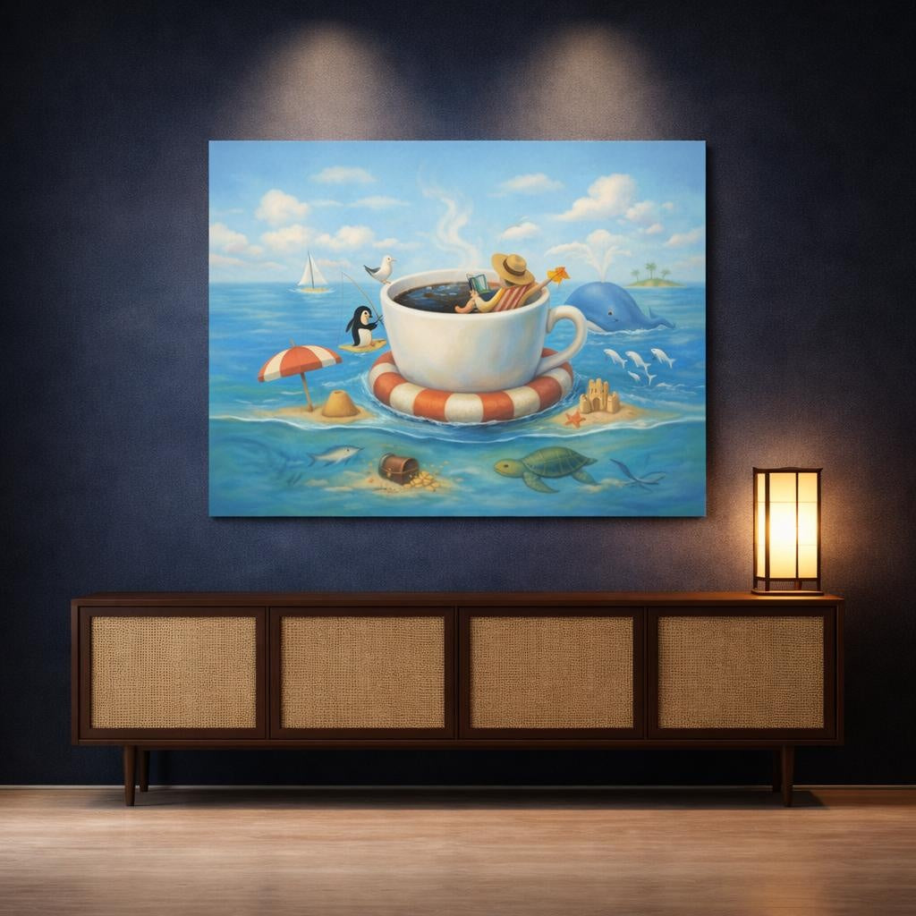 Funny Coffee Cup Ocean Coffee Relaxation shown as canvas wall art in an elegant contemporary kitchen