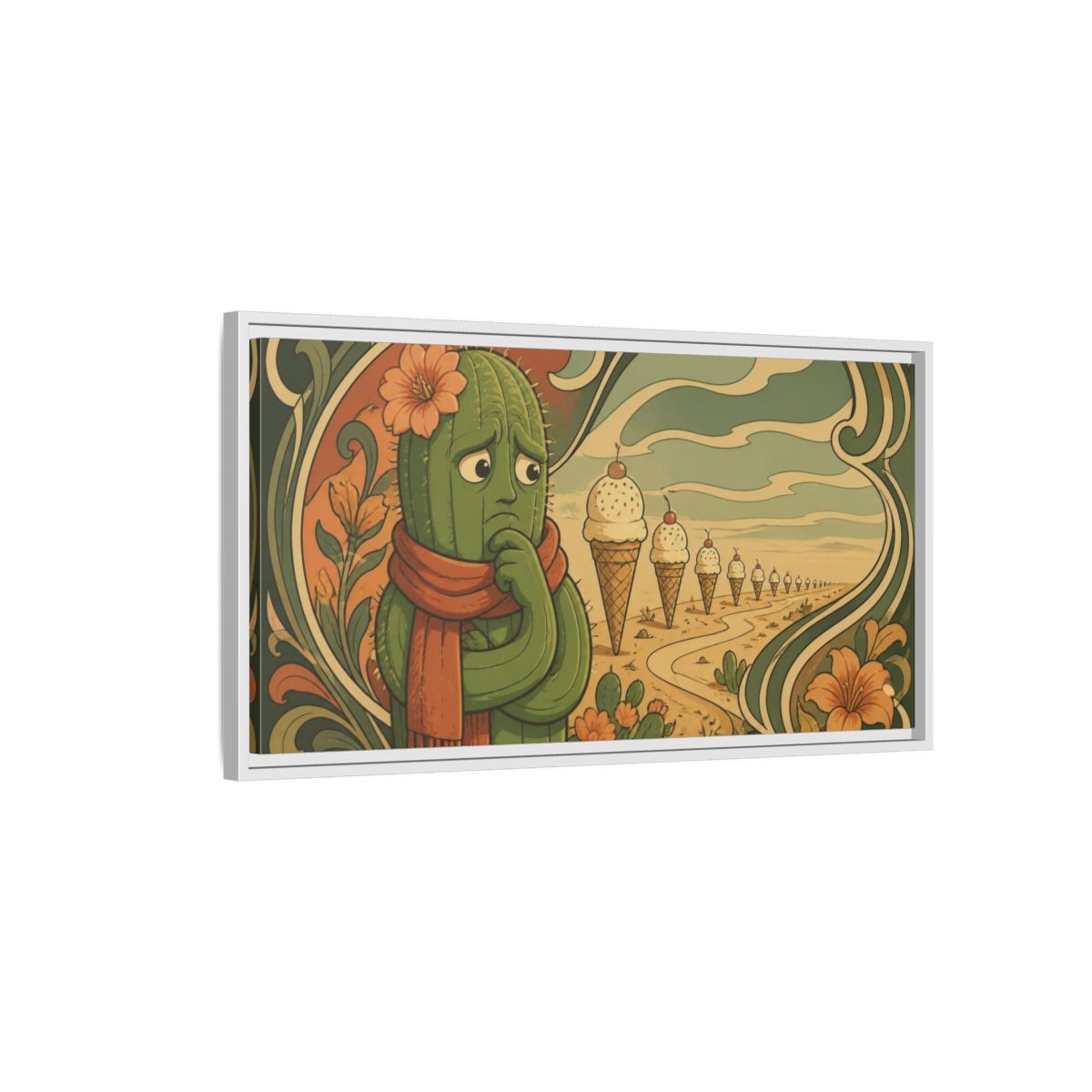 Side Mockup 1. Funny Conflicted Cactus shown as framed canvas print