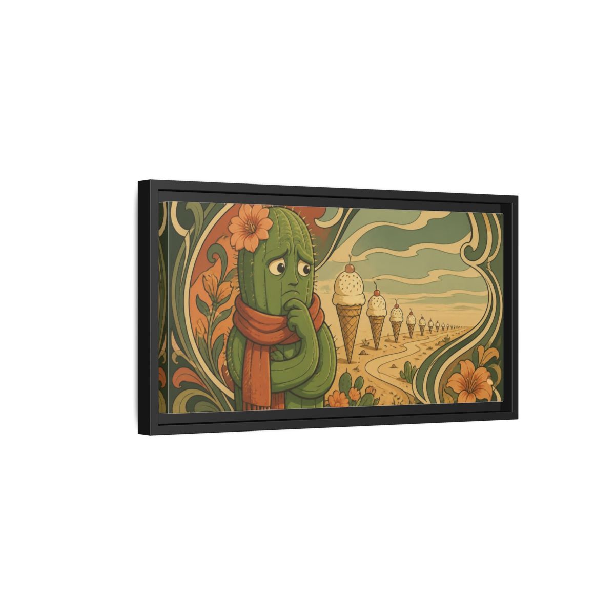 Side Mockup 8. Funny Conflicted Cactus shown as framed canvas print