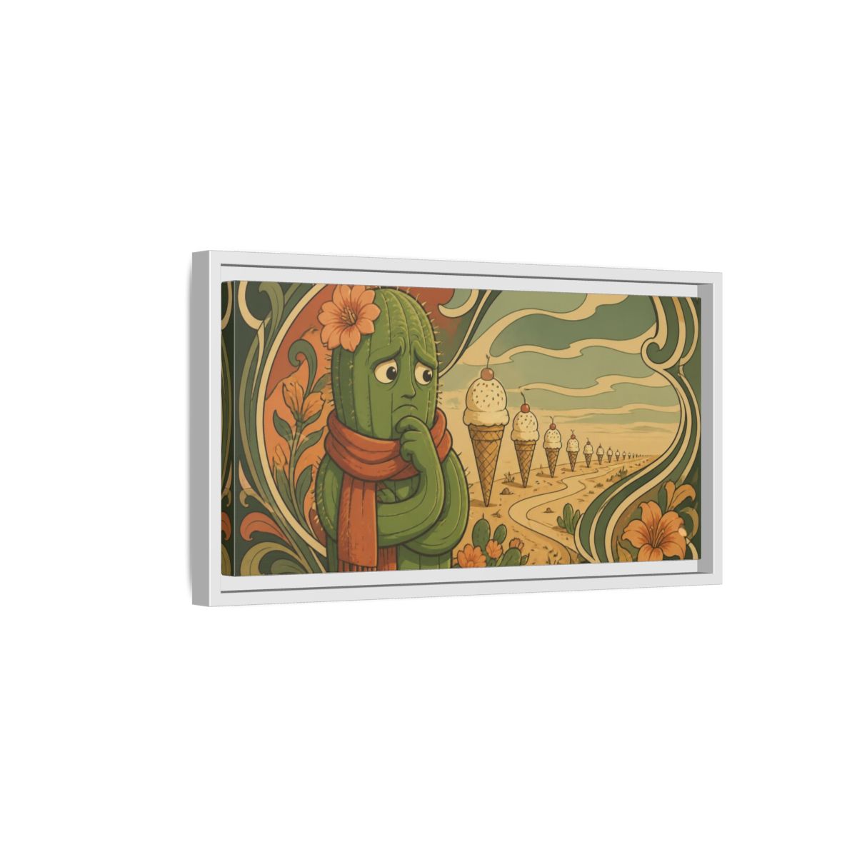 Side Mockup 6. Funny Conflicted Cactus shown as framed canvas print