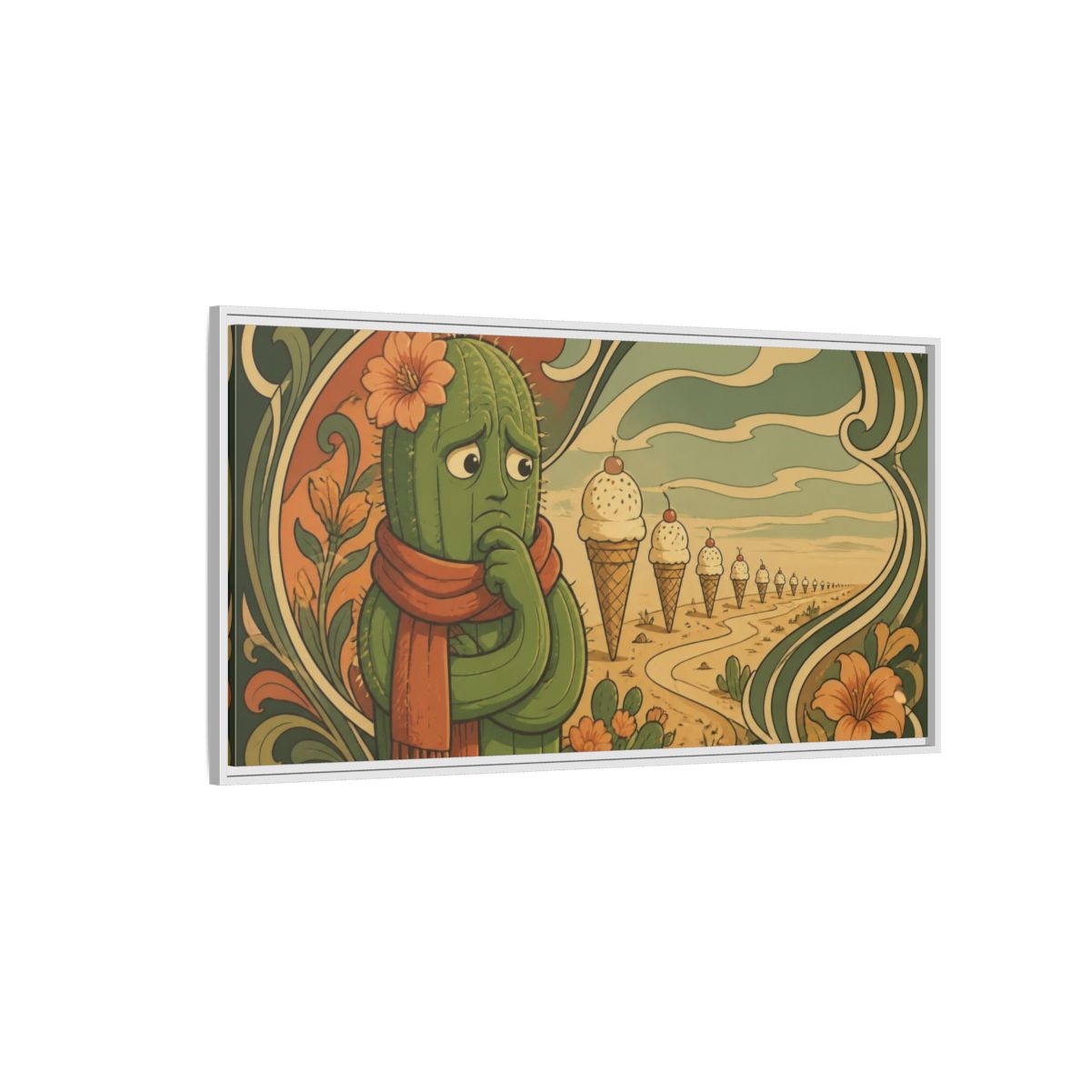 Side Mockup 3. Funny Conflicted Cactus shown as framed canvas print