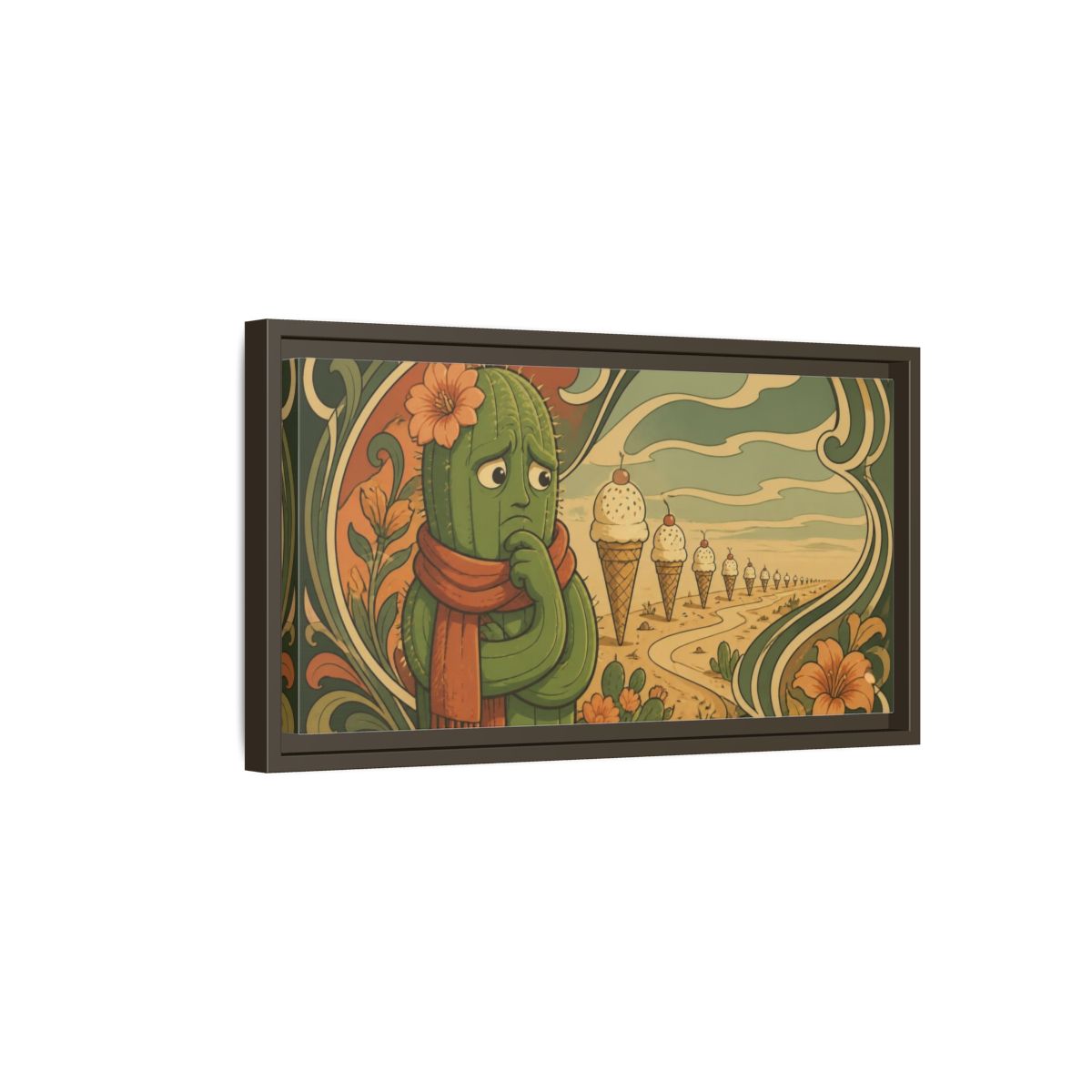 Side Mockup 7. Funny Conflicted Cactus shown as framed canvas print
