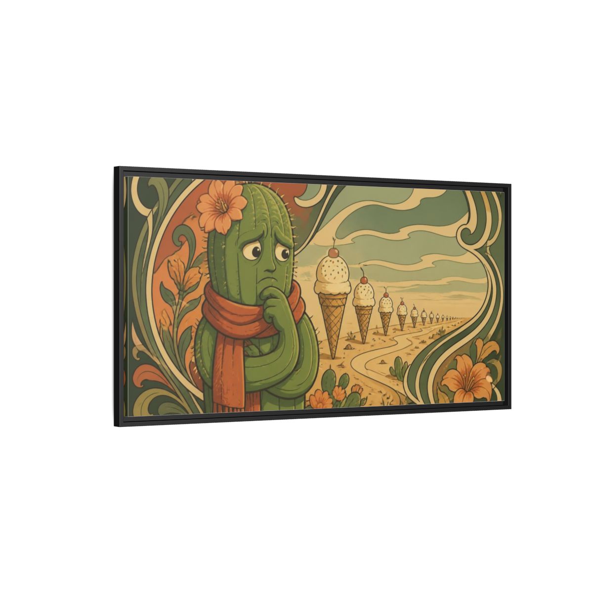 Side Mockup 5. Funny Conflicted Cactus shown as framed canvas print