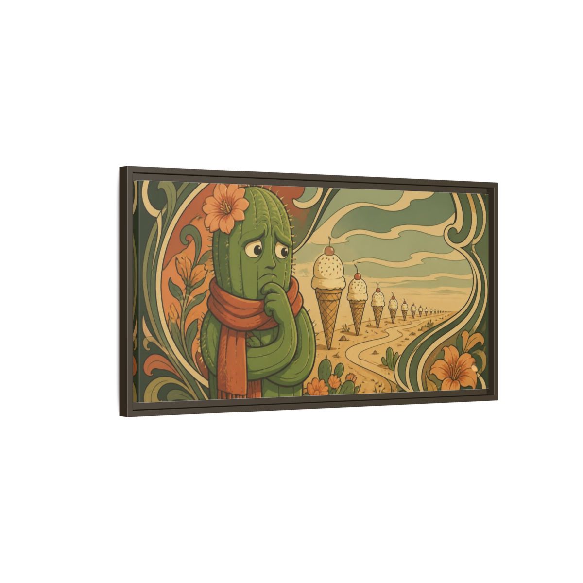 Main Mockup. Funny Conflicted Cactus shown as framed canvas print