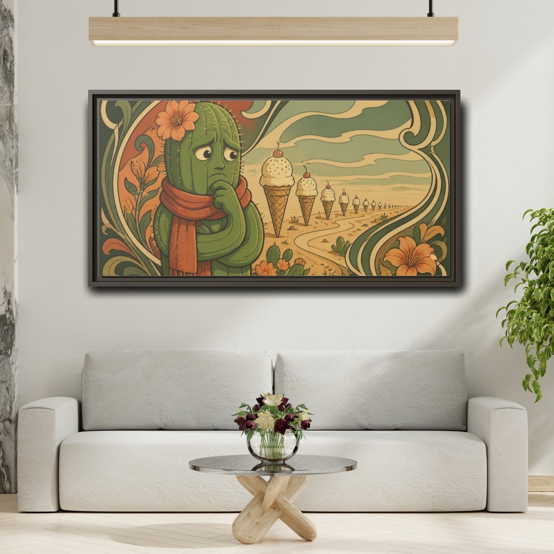 Mockup 2. Funny Conflicted Cactus shown as framed canvas print