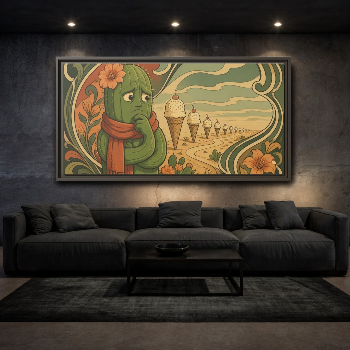Mockup 3. Funny Conflicted Cactus shown as framed canvas print