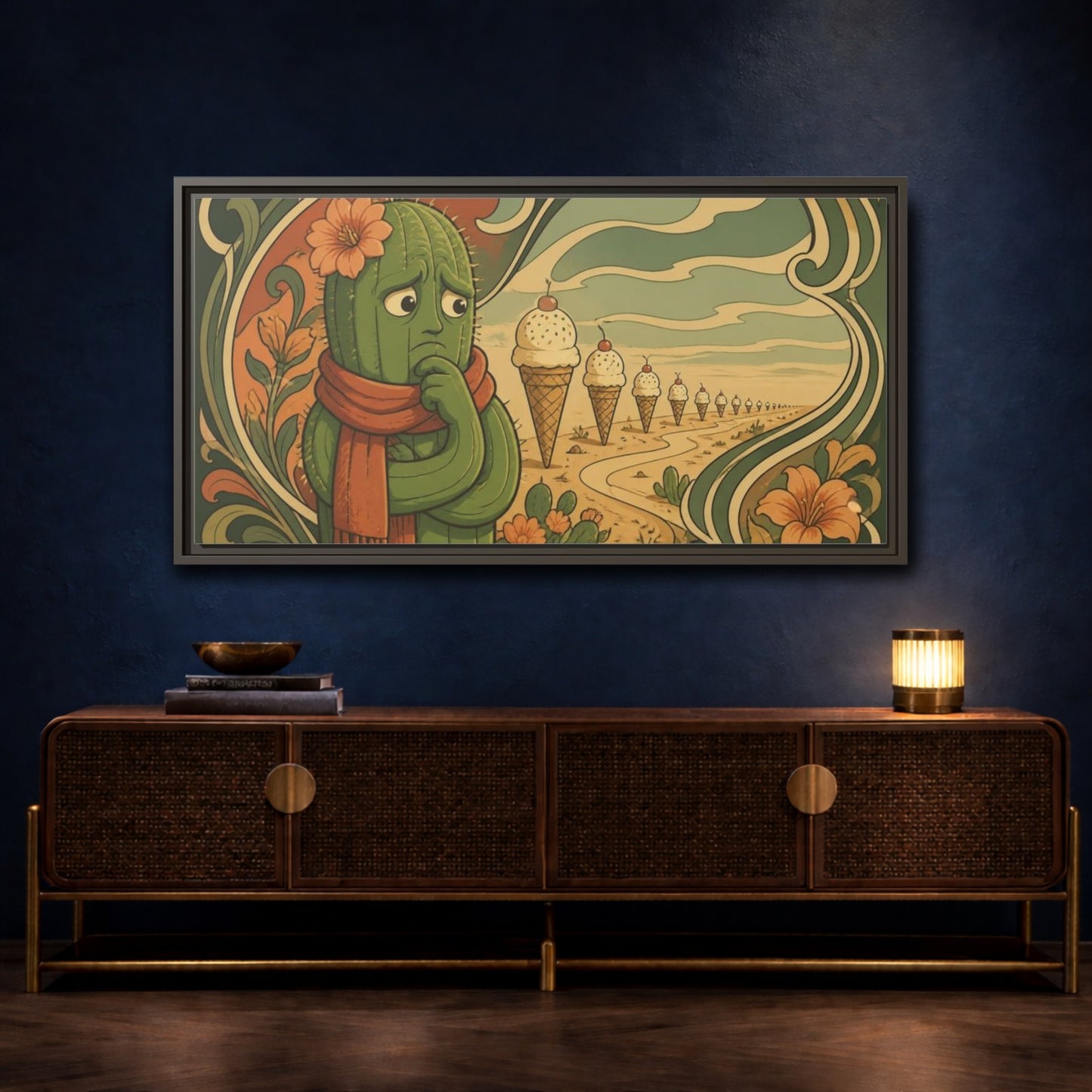 Mockup 4. Funny Conflicted Cactus shown as framed canvas print