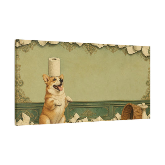 Main Mockup. Funny Corgi Balancing Toilet Paper shown as canvas print