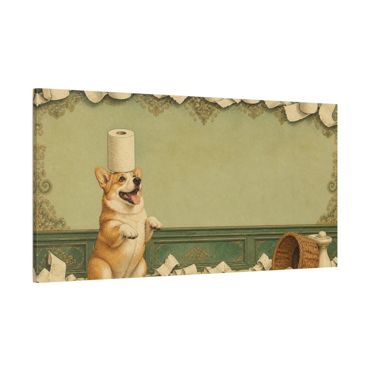 Funny Corgi Balancing Toilet Paper Canvas Print – Bathroom, Vanity Wall - YesArtYes