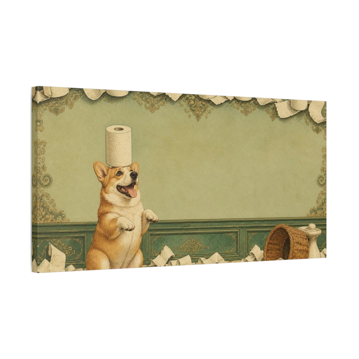 Side Mockup 1. Funny Corgi Balancing Toilet Paper shown as canvas print