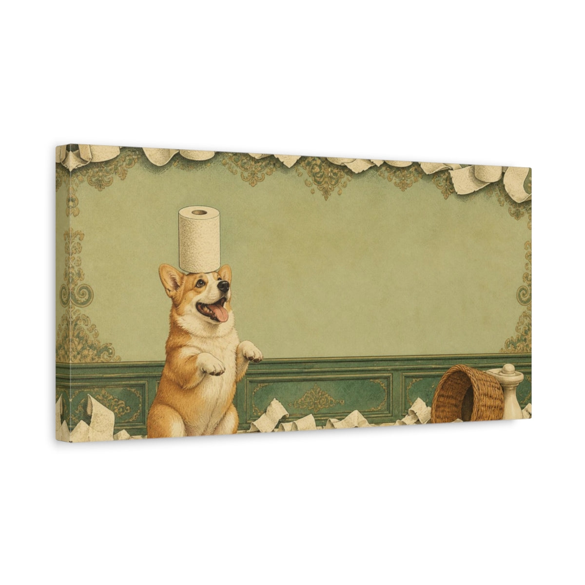 Side Mockup 3. Funny Corgi Balancing Toilet Paper shown as canvas print