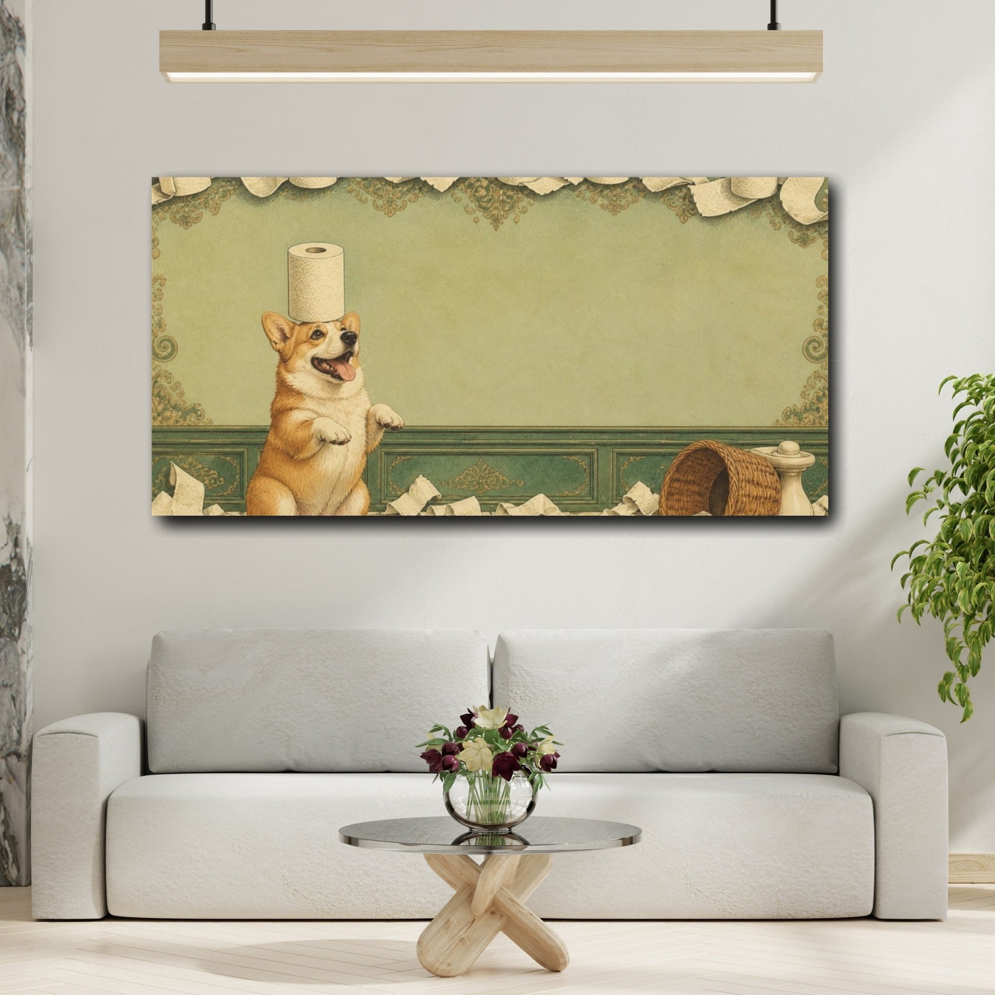 Mockup 2. Funny Corgi Balancing Toilet Paper shown as canvas print
