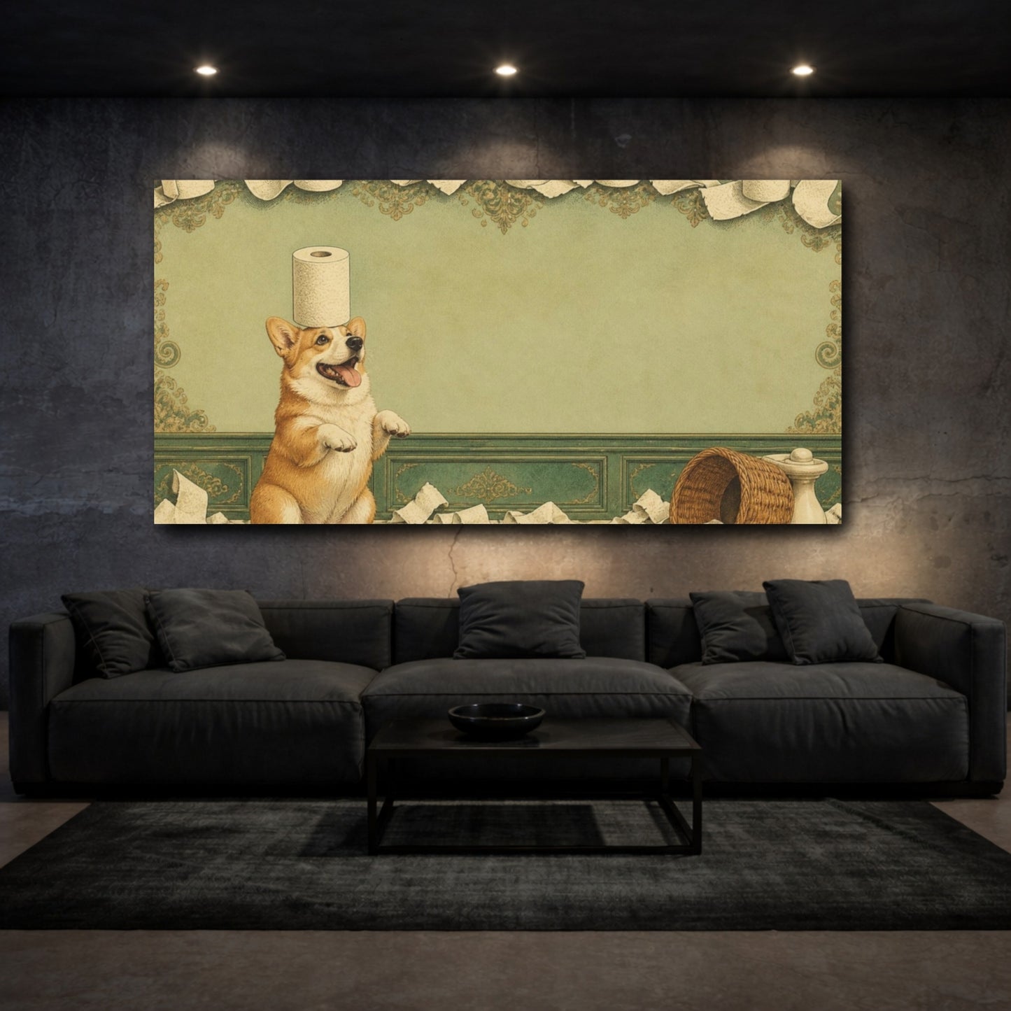 Mockup 3. Funny Corgi Balancing Toilet Paper shown as canvas print
