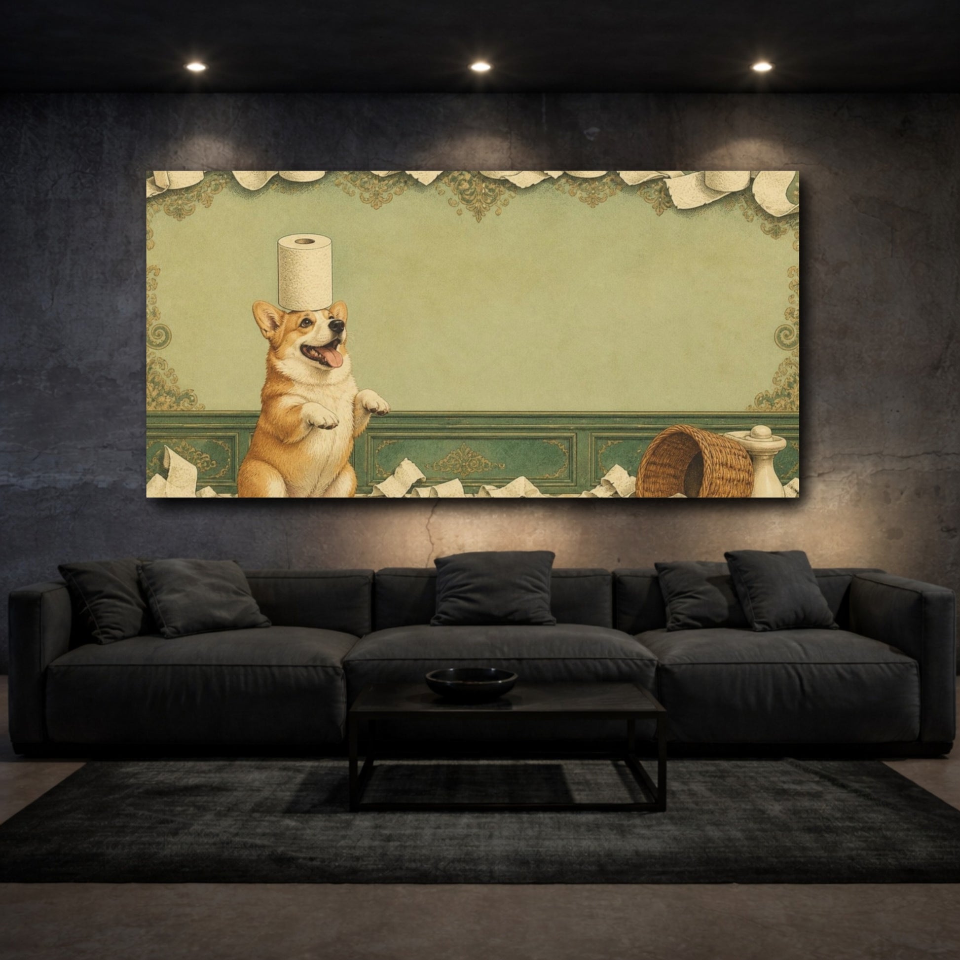 Mockup 3. Funny Corgi Balancing Toilet Paper shown as canvas print