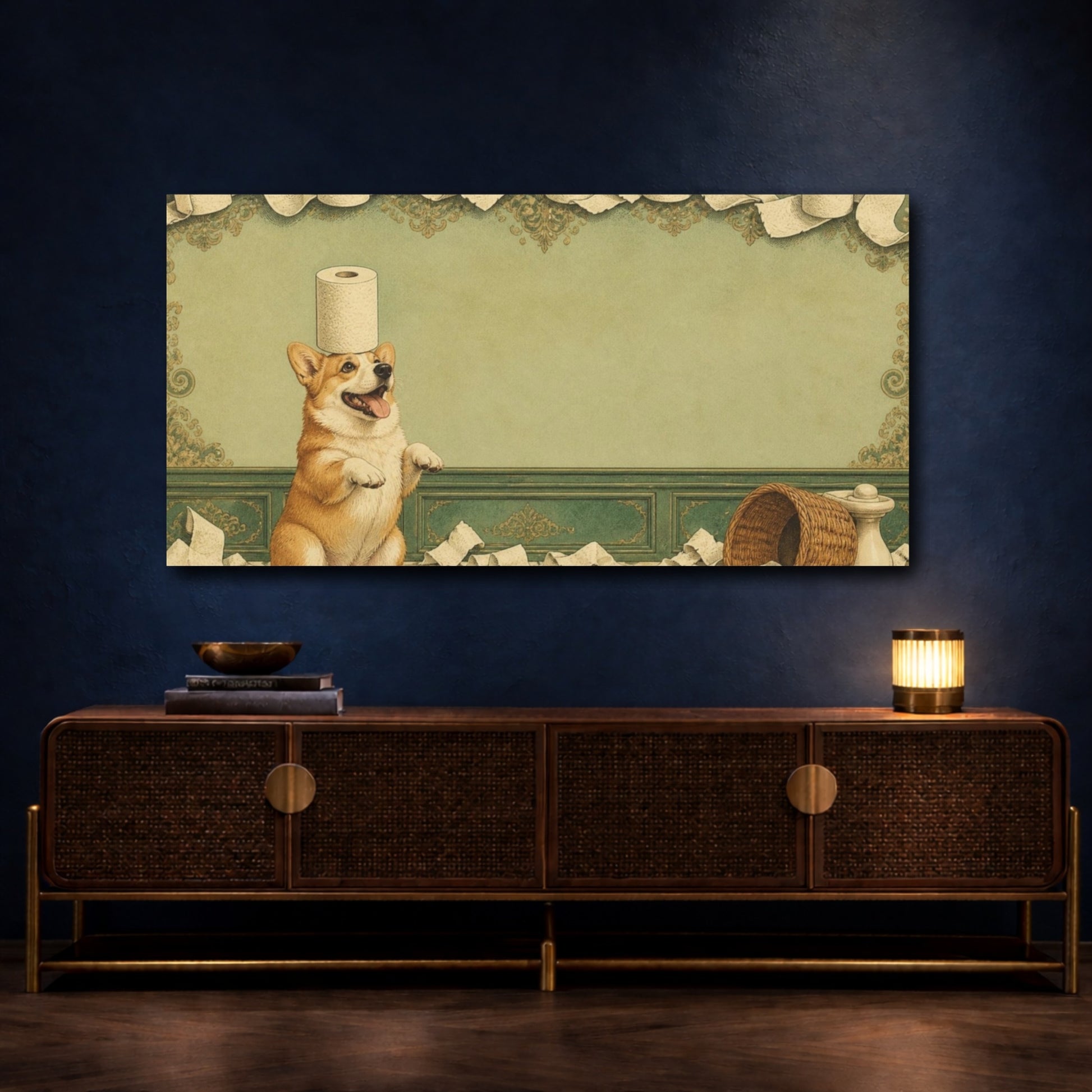 Mockup 4. Funny Corgi Balancing Toilet Paper shown as canvas print