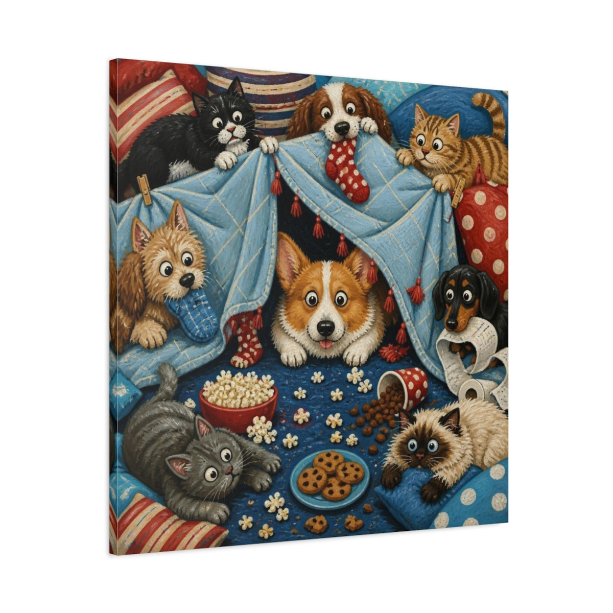 Main Mockup. Funny Corgi Blanket Fort shown as canvas print