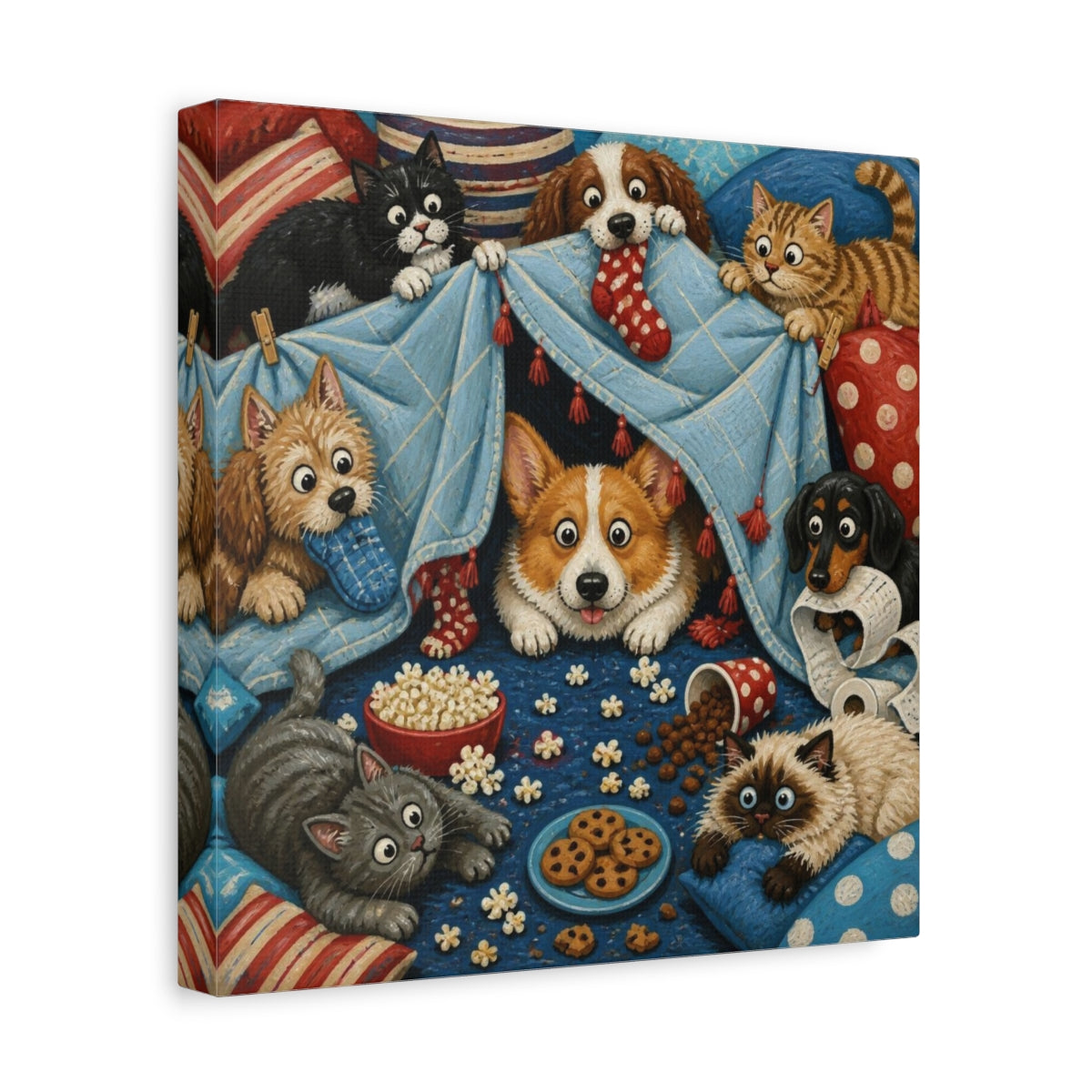 Side Mockup 8. Funny Corgi Blanket Fort shown as canvas print