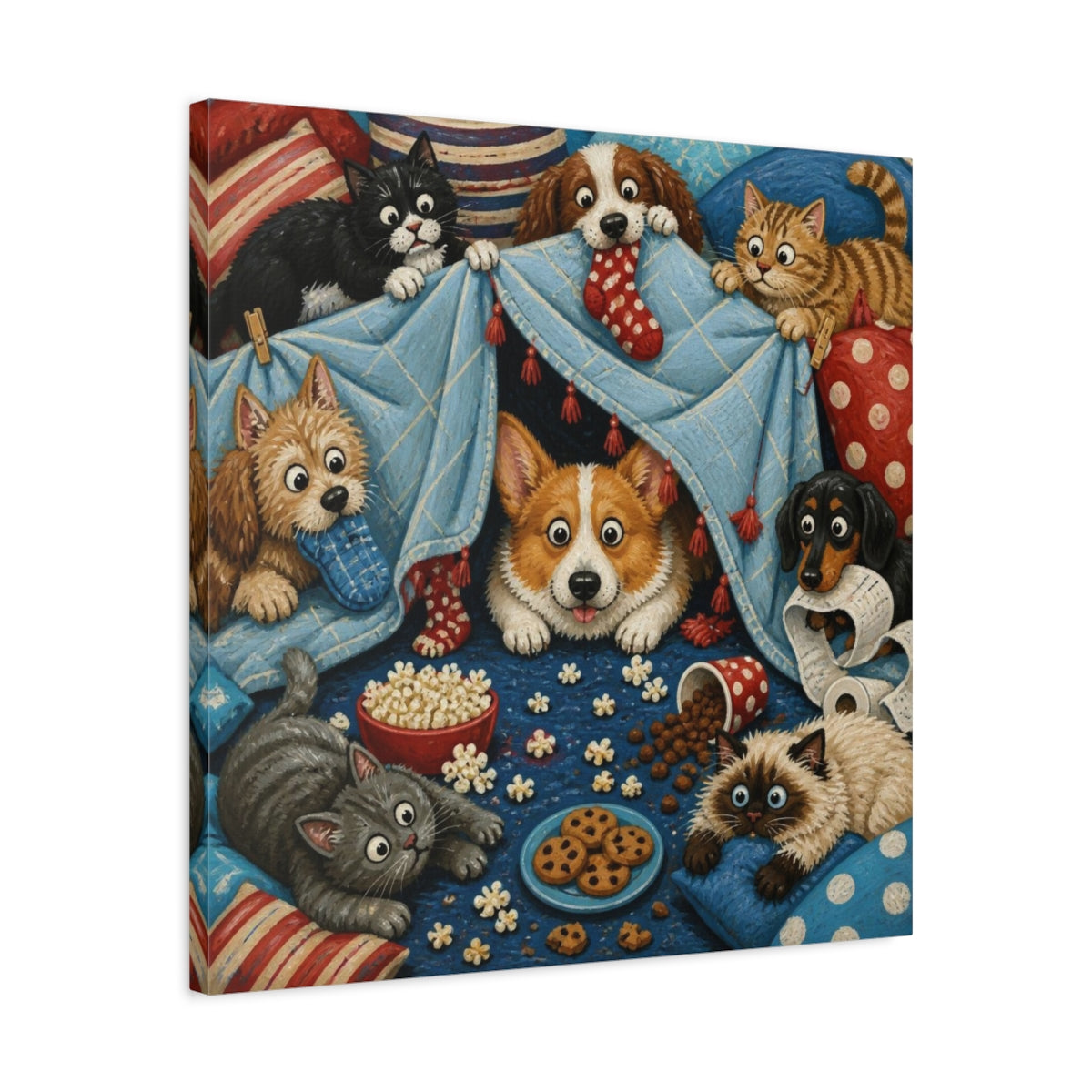Side Mockup 4. Funny Corgi Blanket Fort shown as canvas print