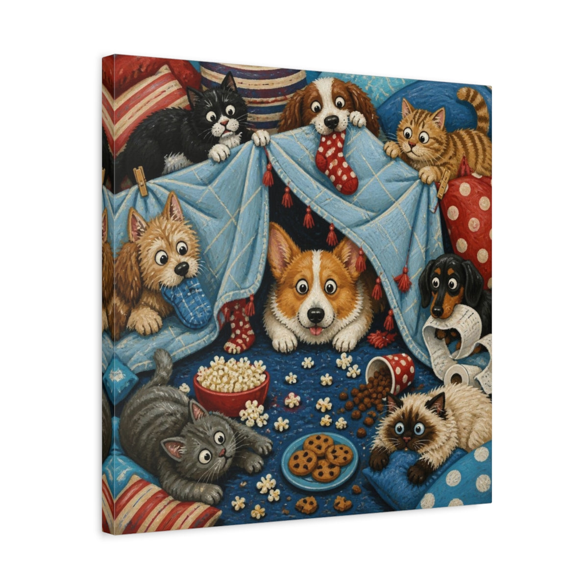 Side Mockup 5. Funny Corgi Blanket Fort shown as canvas print