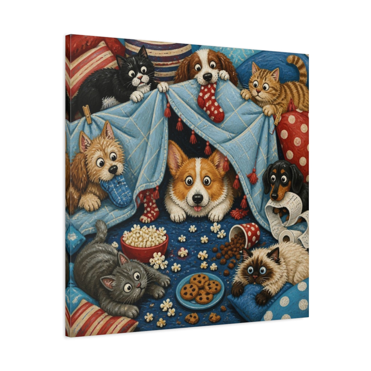 Side Mockup 3. Funny Corgi Blanket Fort shown as canvas print
