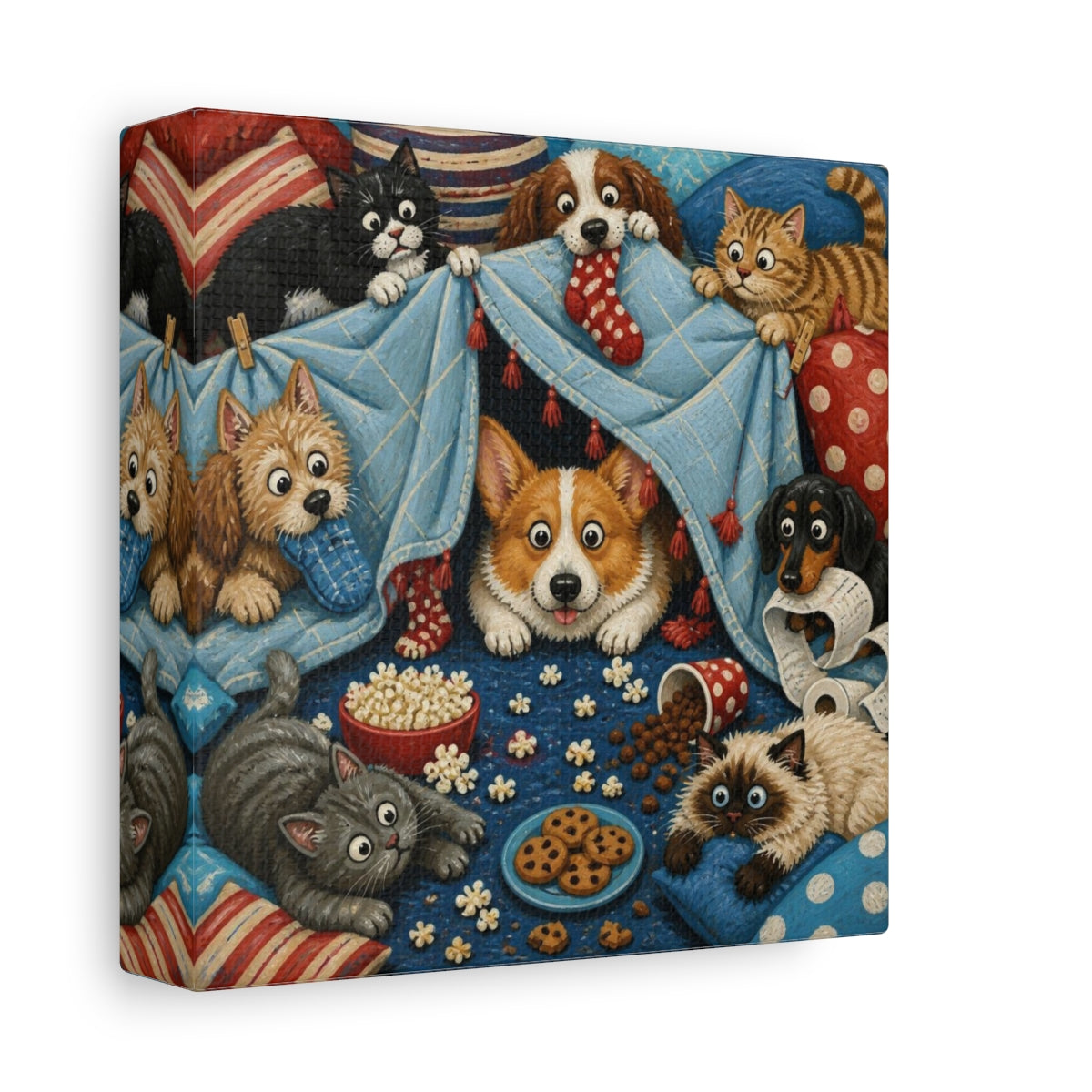Side Mockup 2. Funny Corgi Blanket Fort shown as canvas print