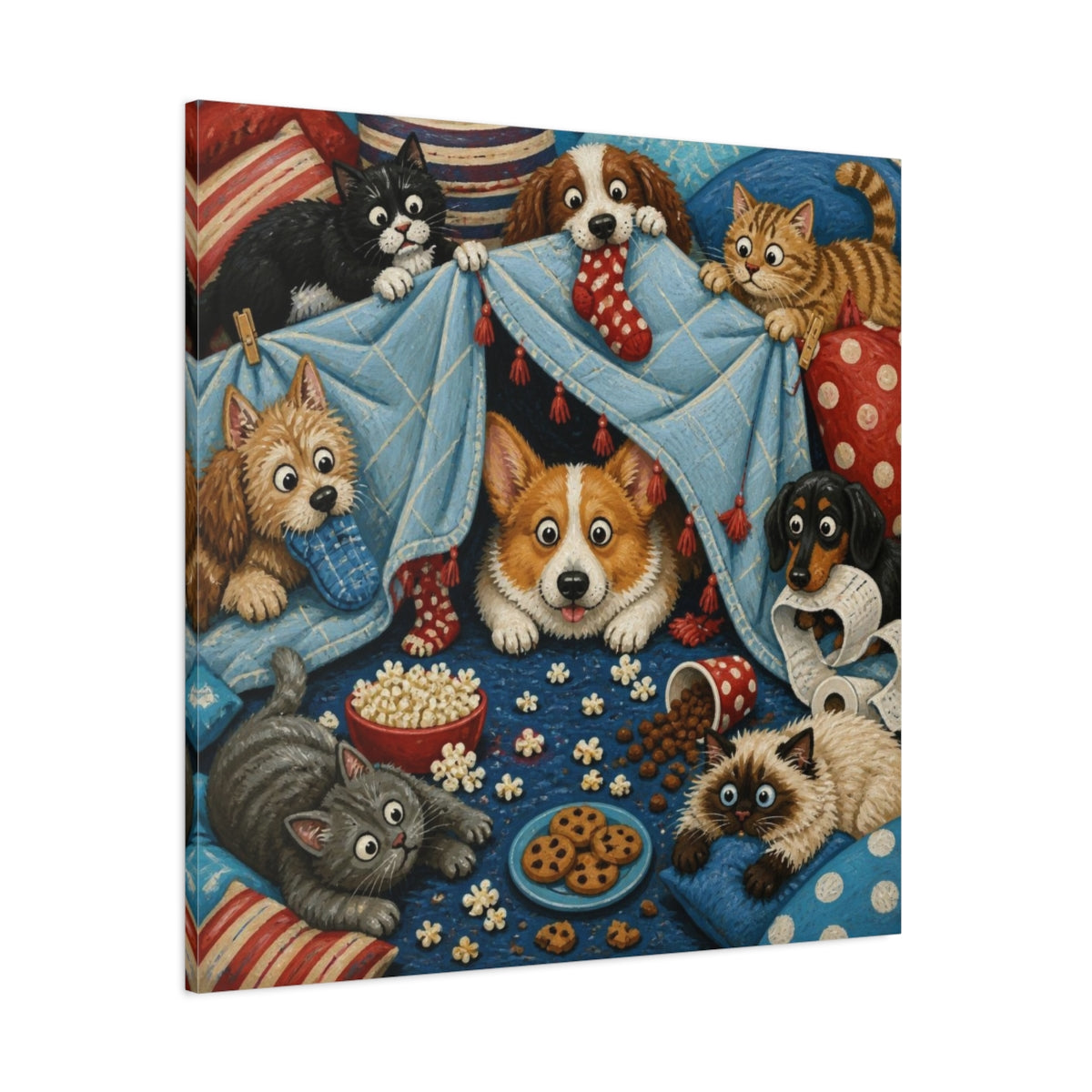 Side Mockup 1. Funny Corgi Blanket Fort shown as canvas print