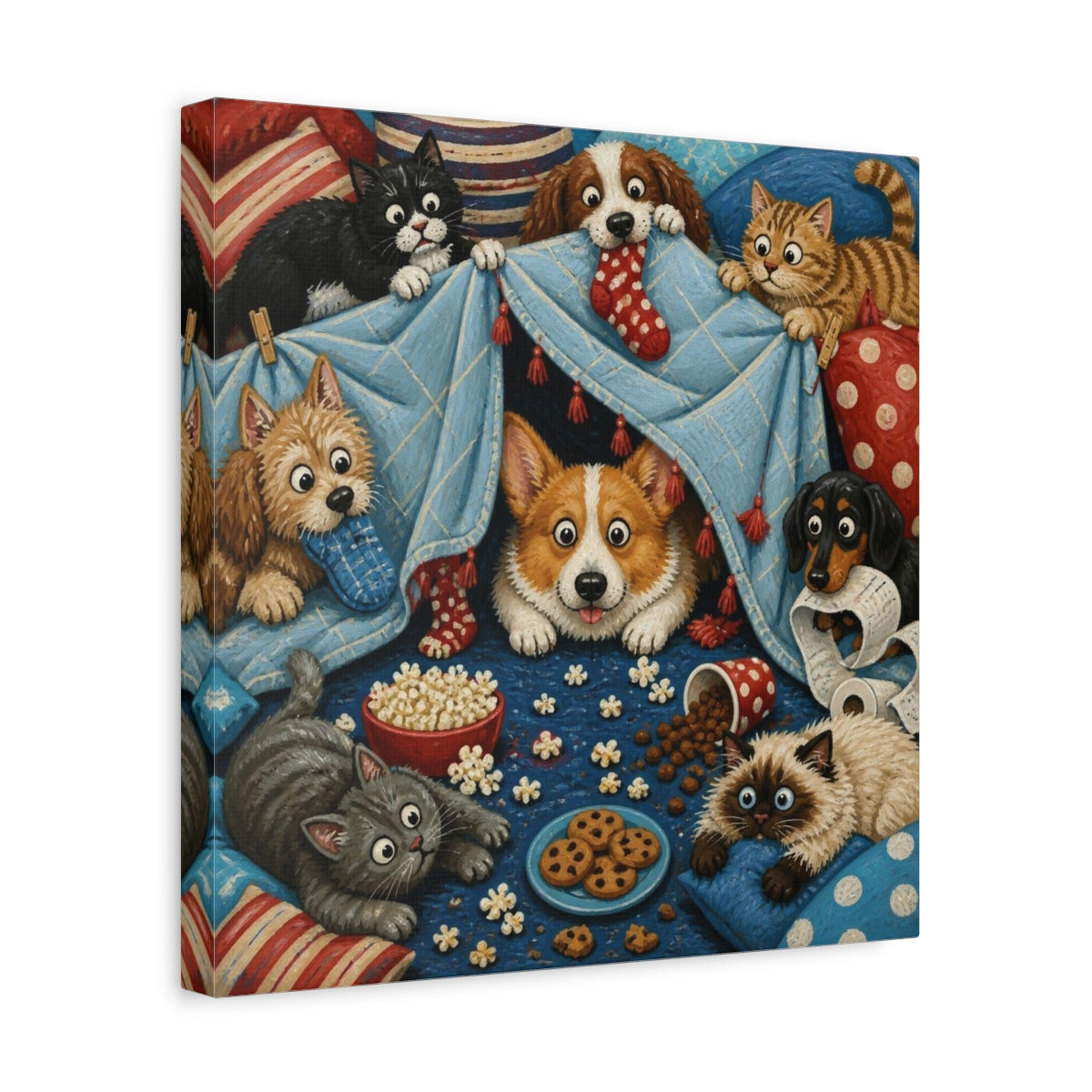 Side Mockup 7. Funny Corgi Blanket Fort shown as canvas print