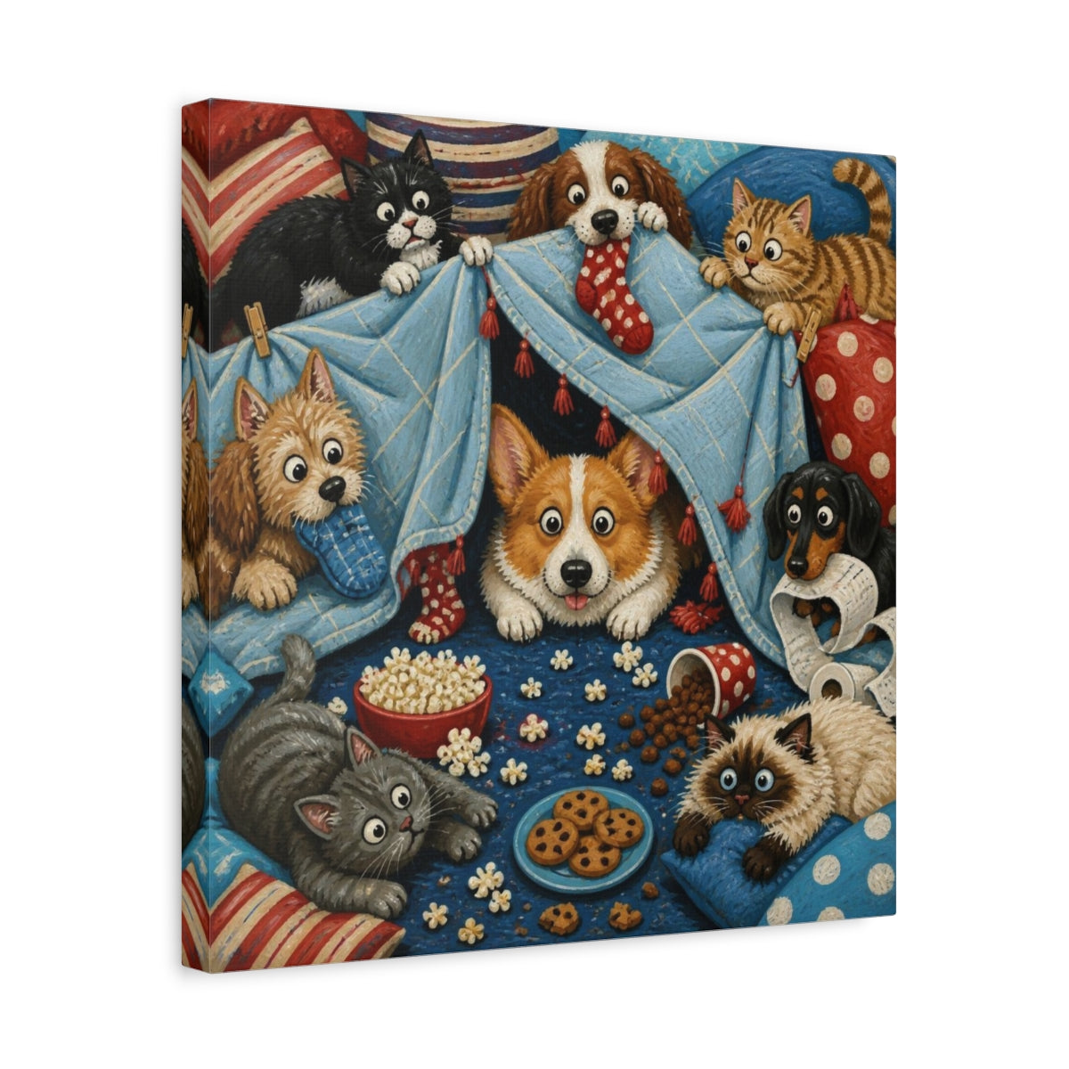 Side Mockup 6. Funny Corgi Blanket Fort shown as canvas print