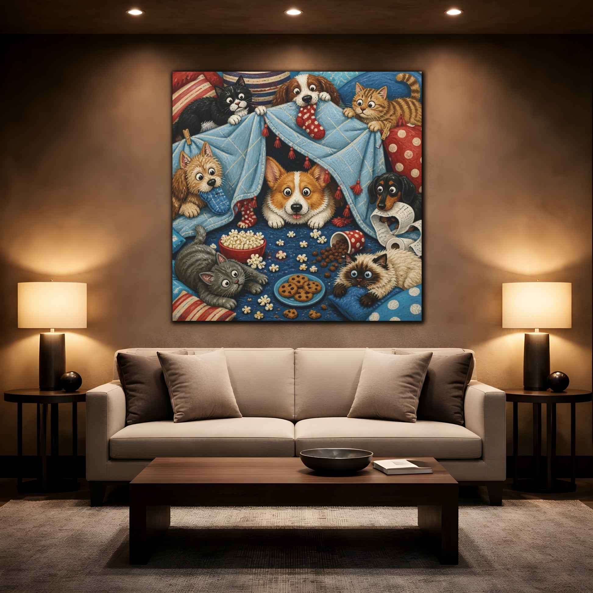 Mockup 2. Funny Corgi Blanket Fort shown as canvas print