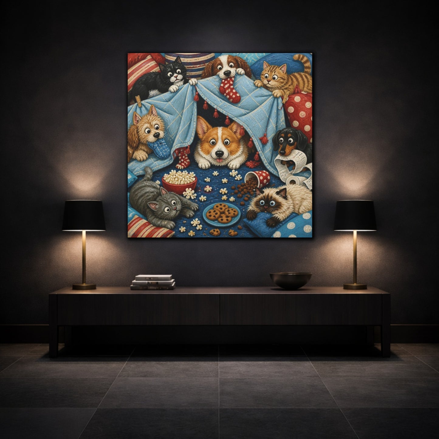 Mockup 3. Funny Corgi Blanket Fort shown as canvas print