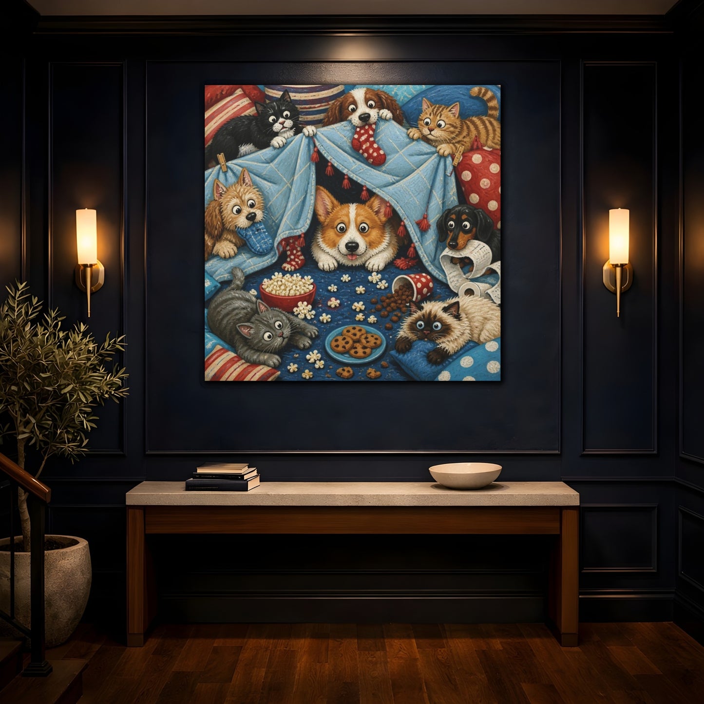 Mockup 4. Funny Corgi Blanket Fort shown as canvas print