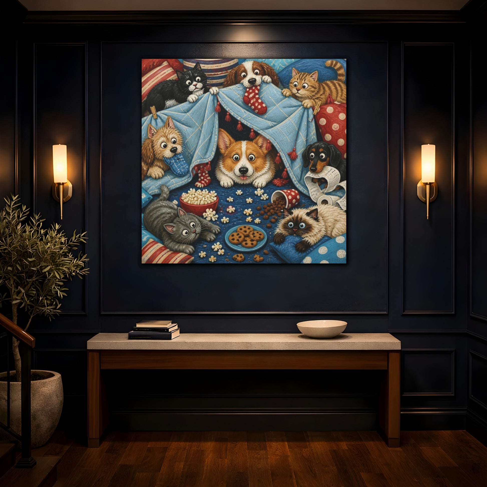 Mockup 4. Funny Corgi Blanket Fort shown as canvas print
