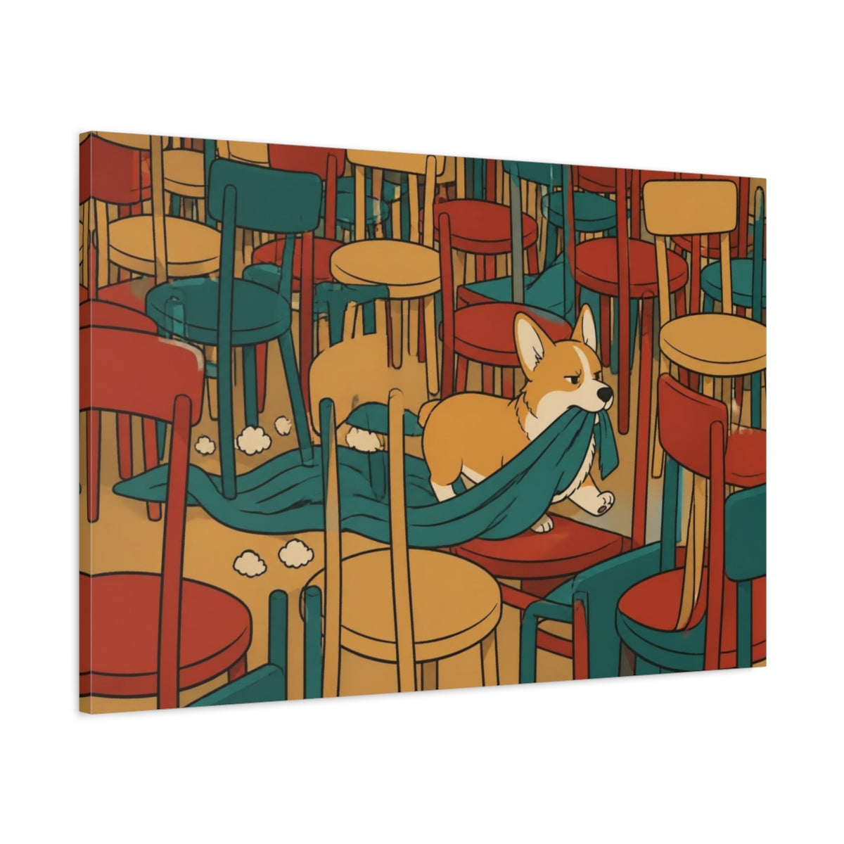 Main Mockup. Funny Corgi Blanket Heist shown as canvas print
