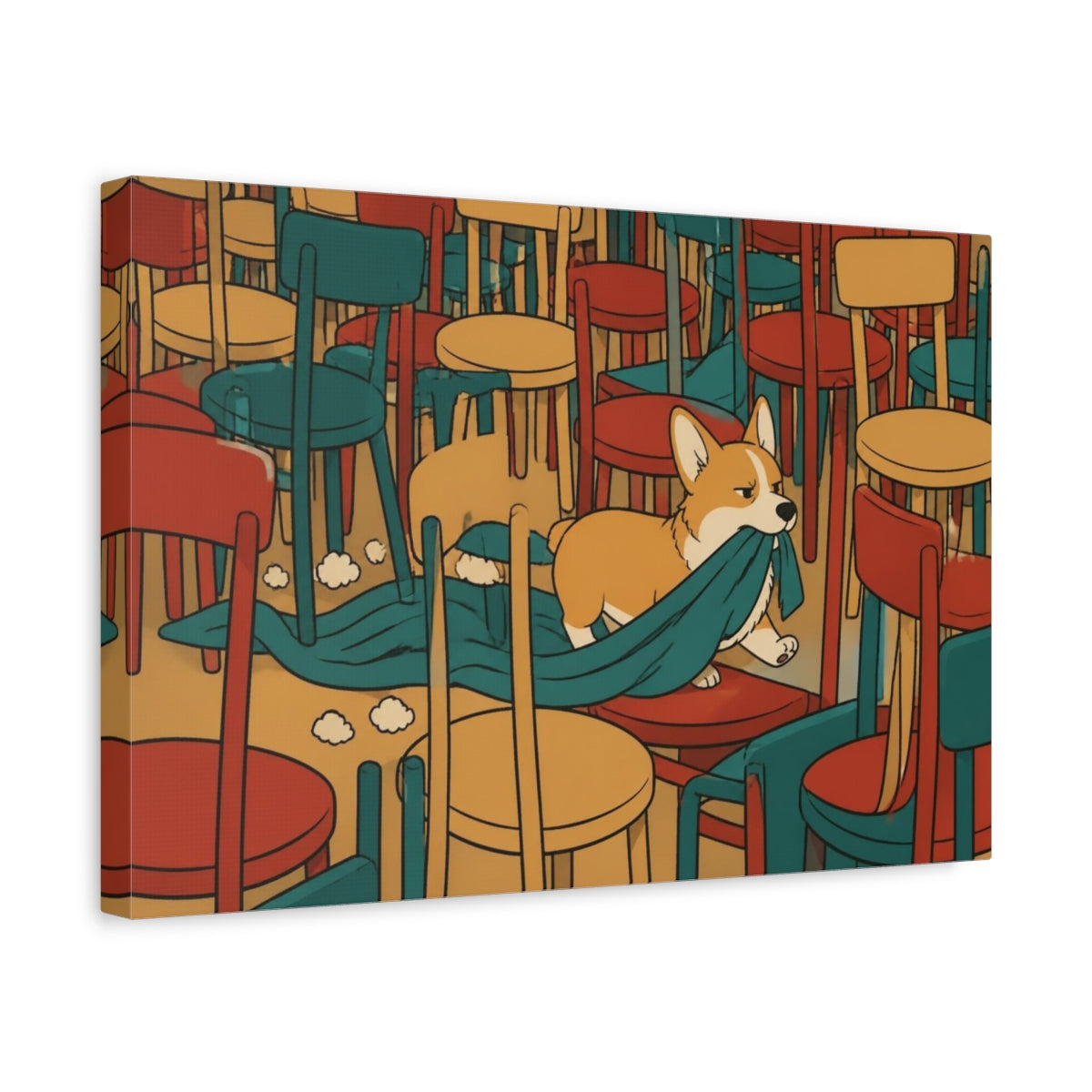Side Mockup 4. Funny Corgi Blanket Heist shown as canvas print