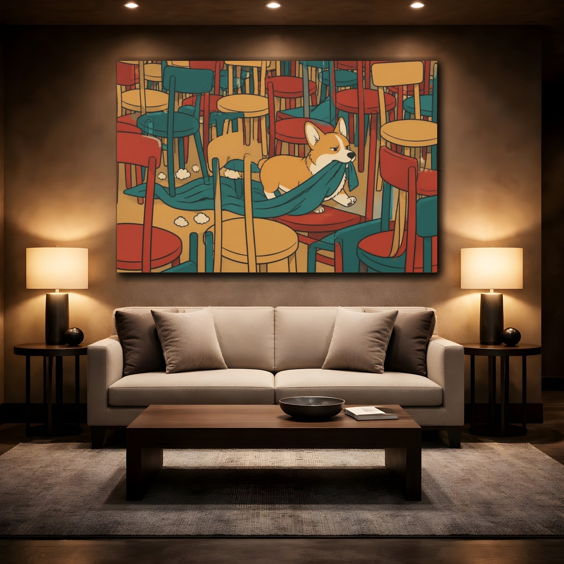 Mockup 2. Funny Corgi Blanket Heist shown as canvas print