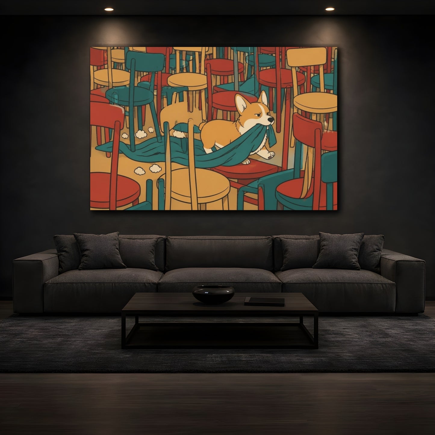 Mockup 3. Funny Corgi Blanket Heist shown as canvas print