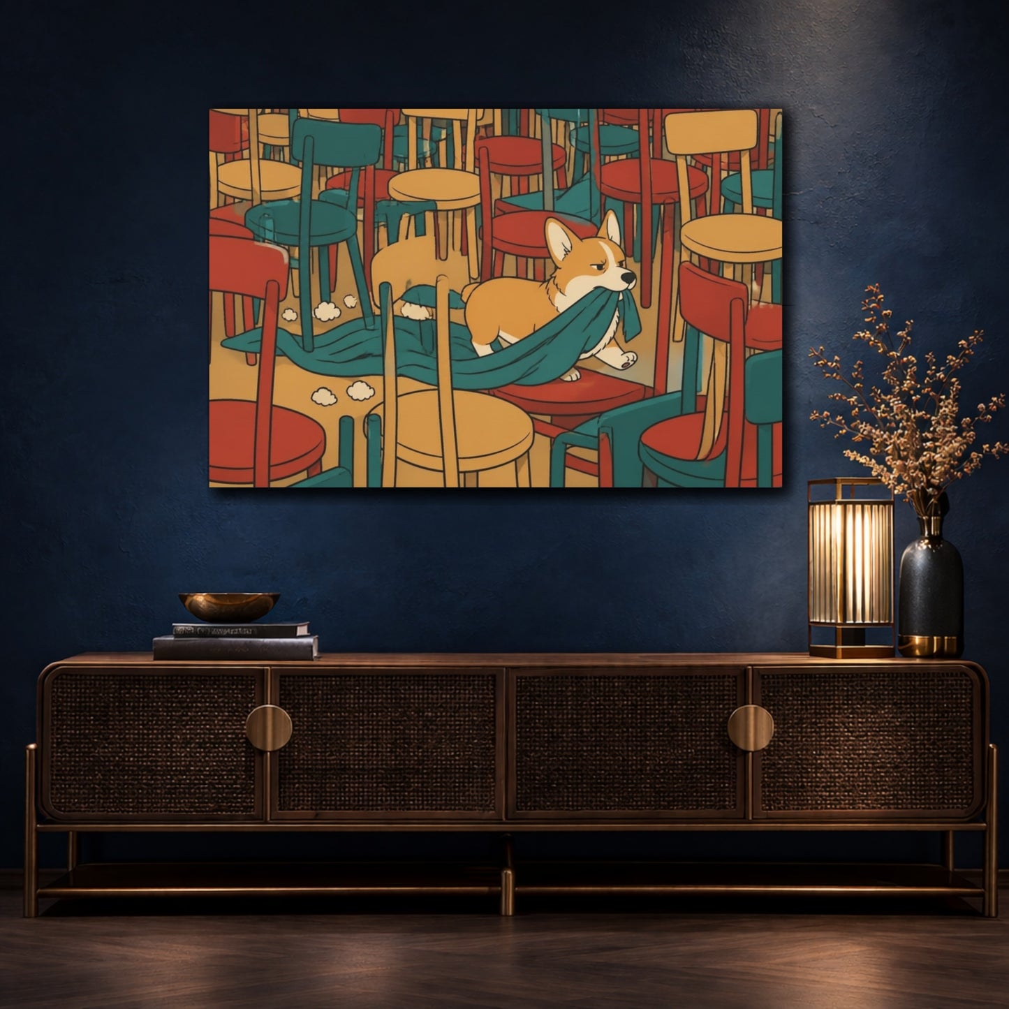 Mockup 4. Funny Corgi Blanket Heist shown as canvas print