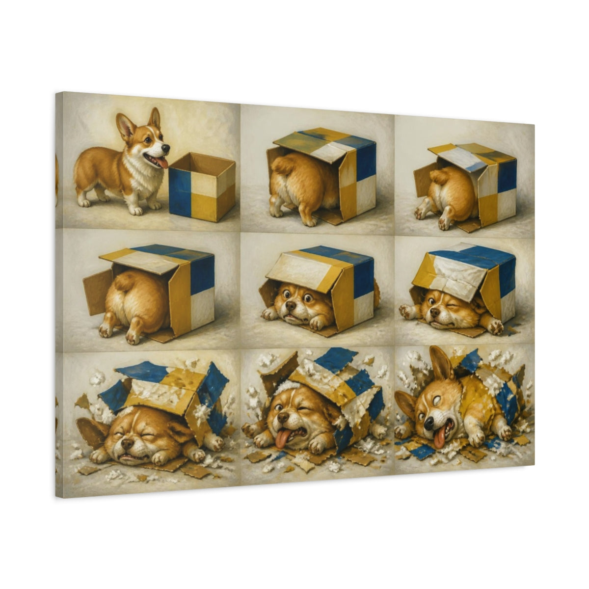 Main Mockup. Funny Corgi In Box shown as canvas print