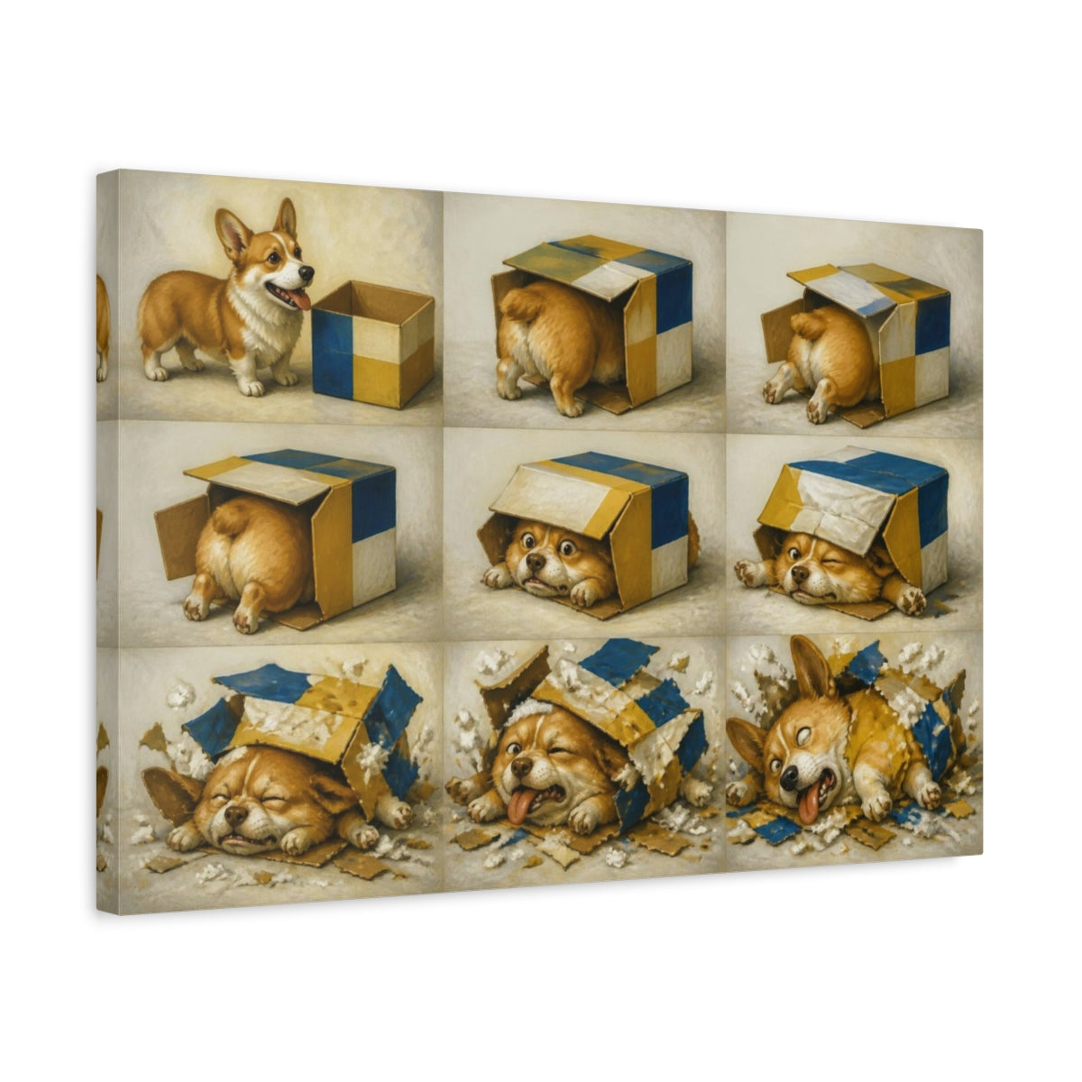 Side Mockup 3. Funny Corgi In Box shown as canvas print